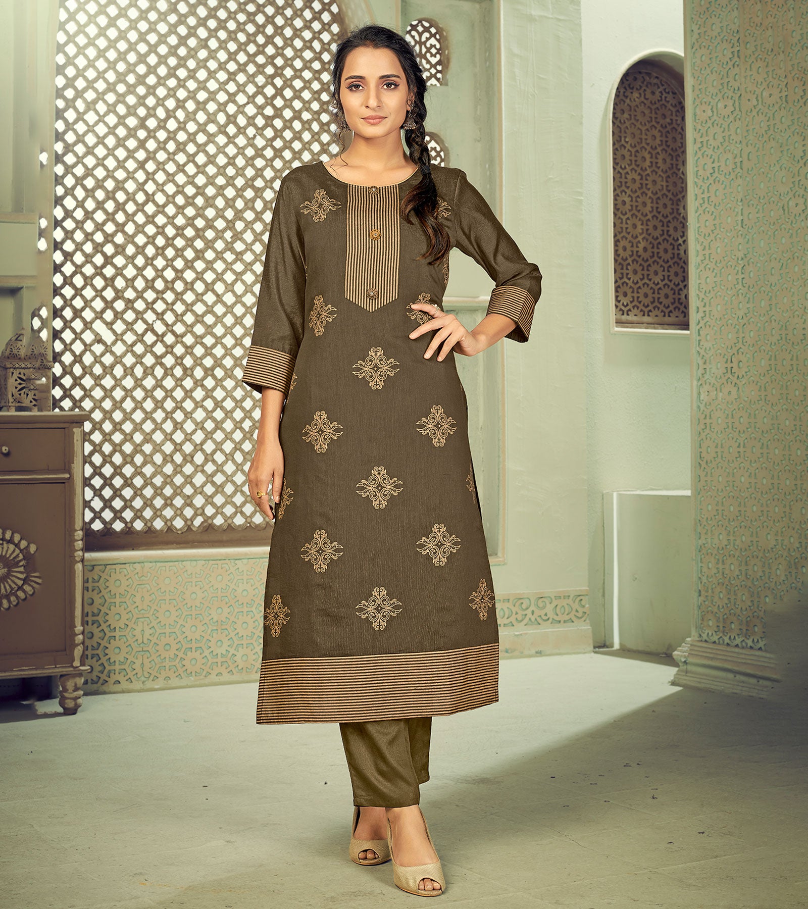 Laxmipati Linen Satin Sand Wood Straight Cut Kurti With Pant