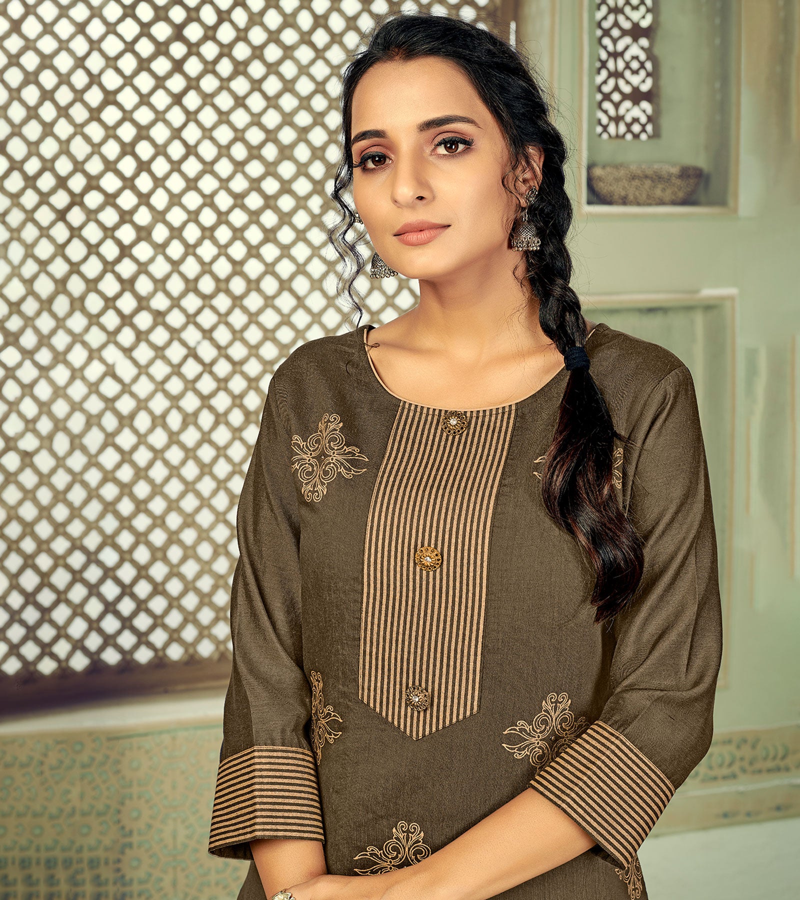 Laxmipati Linen Satin Sand Wood Straight Cut Kurti With Pant