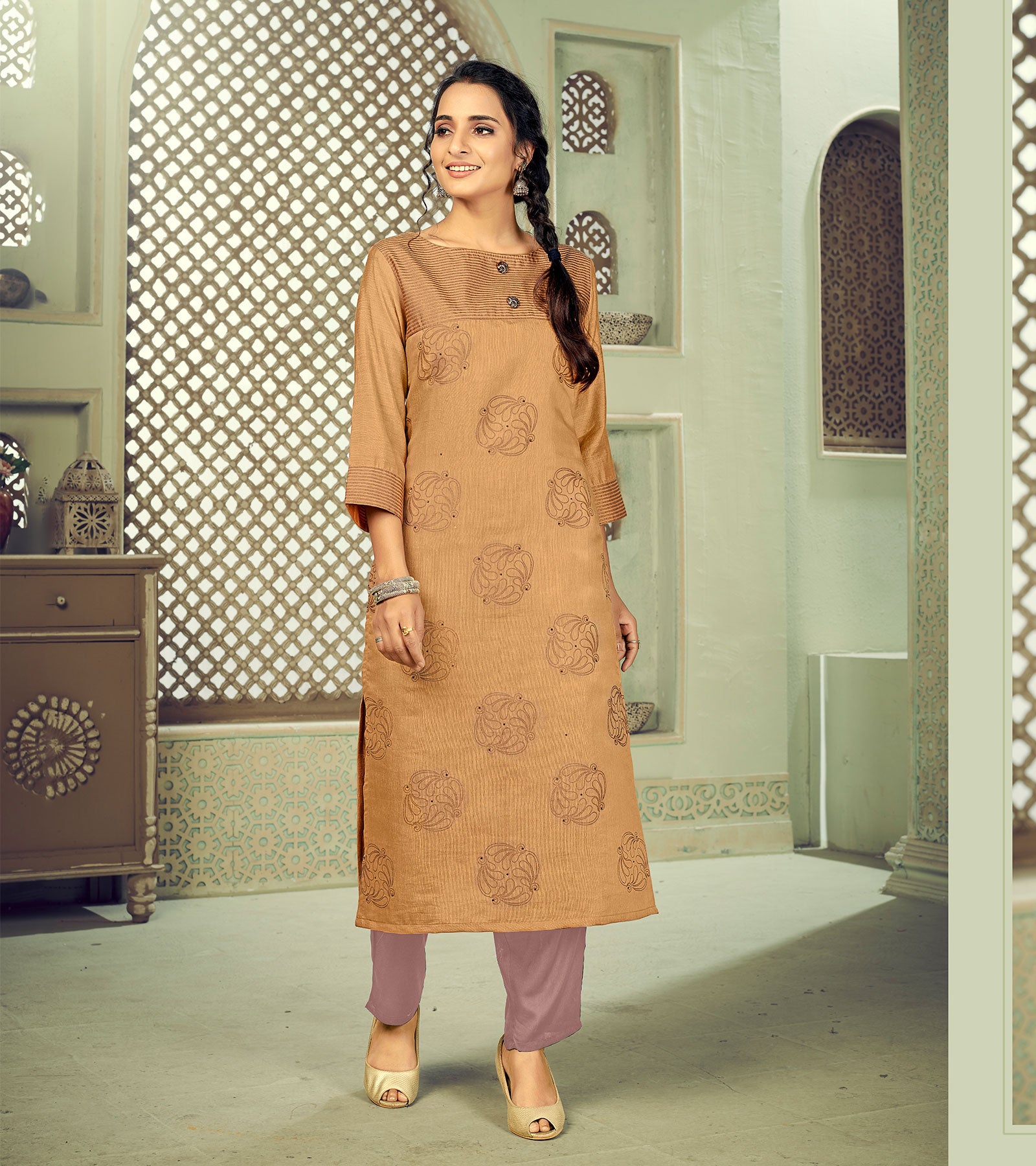 Laxmipati Linen Satin Caramel Sand Straight Cut Kurti With Pant