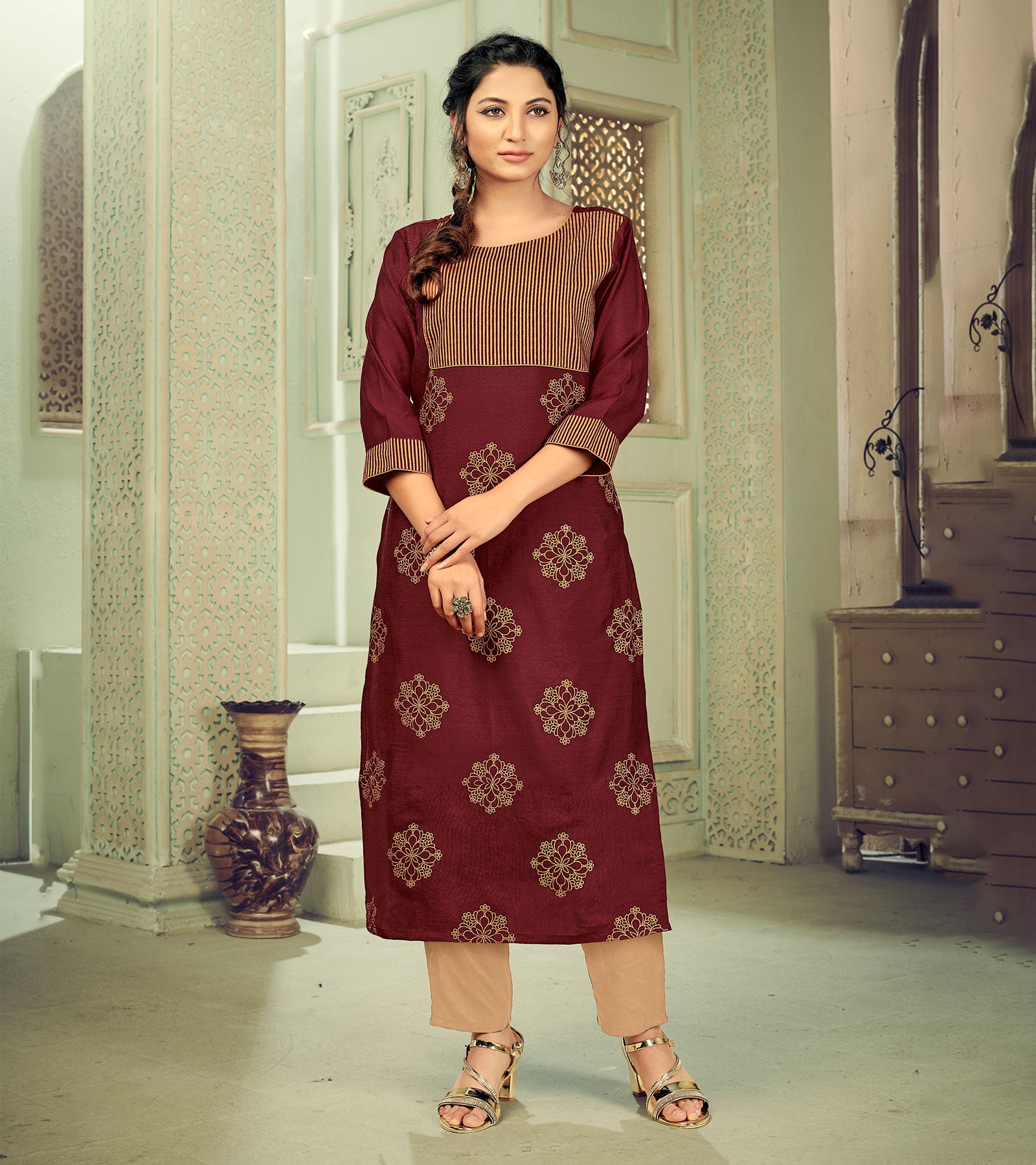 Laxmipati Linen Satin Mahogany Maroon Straight Cut Kurti With Pant