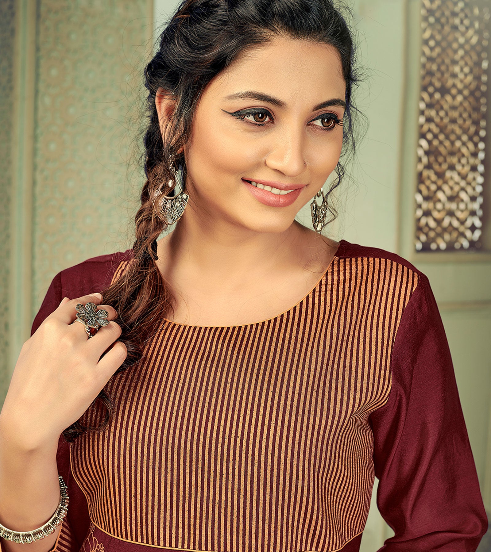 Laxmipati Linen Satin Mahogany Maroon Straight Cut Kurti With Pant