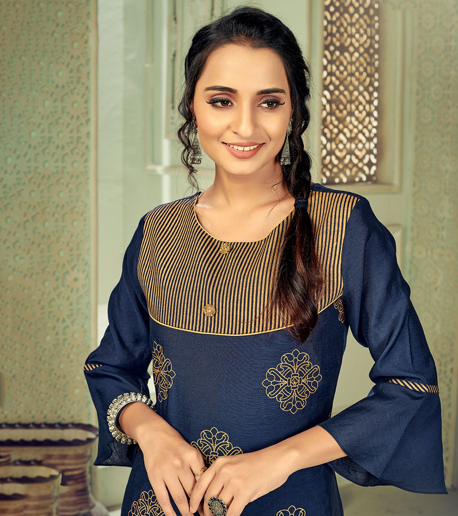 Laxmipati Linen Satin Azure Blue Straight Cut Kurti With Pant