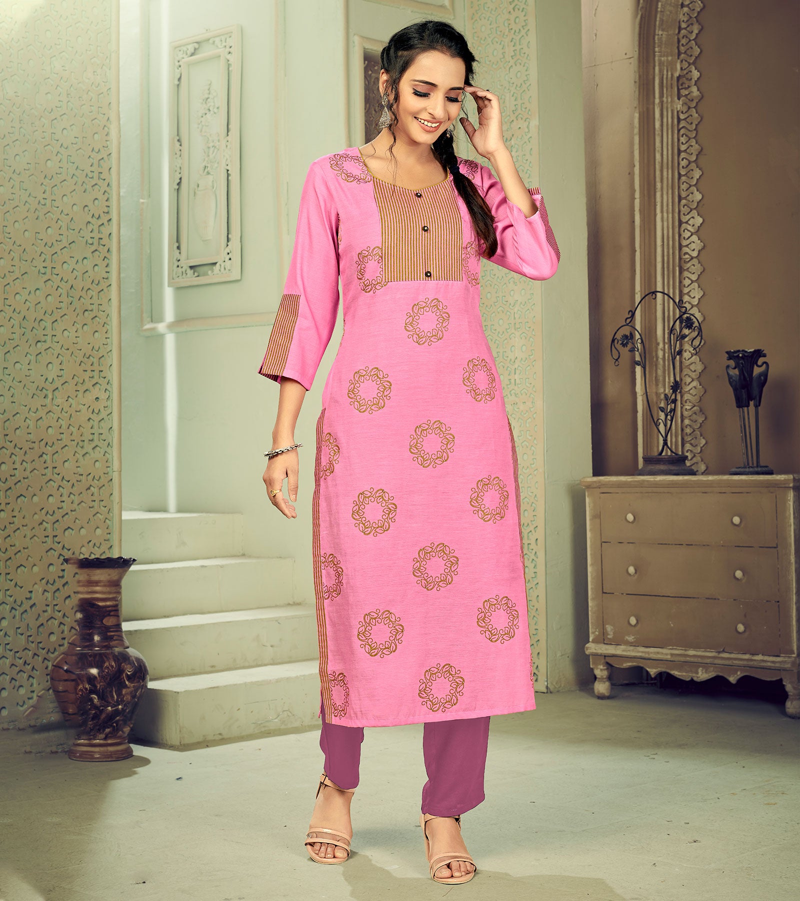 Laxmipati Linen Satin Blush Pink Straight Cut Kurti With Pant
