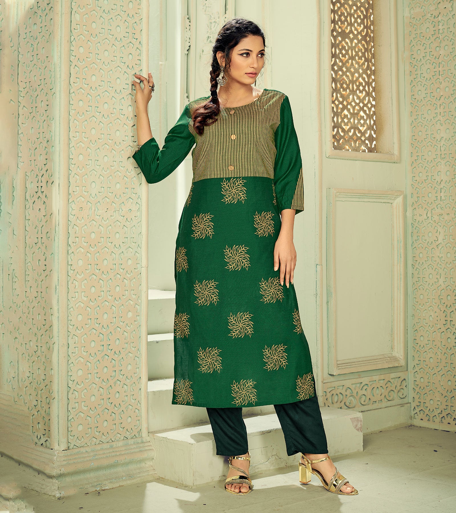 Laxmipati Linen Satin Seawood Green Straight Cut Kurti With Pant