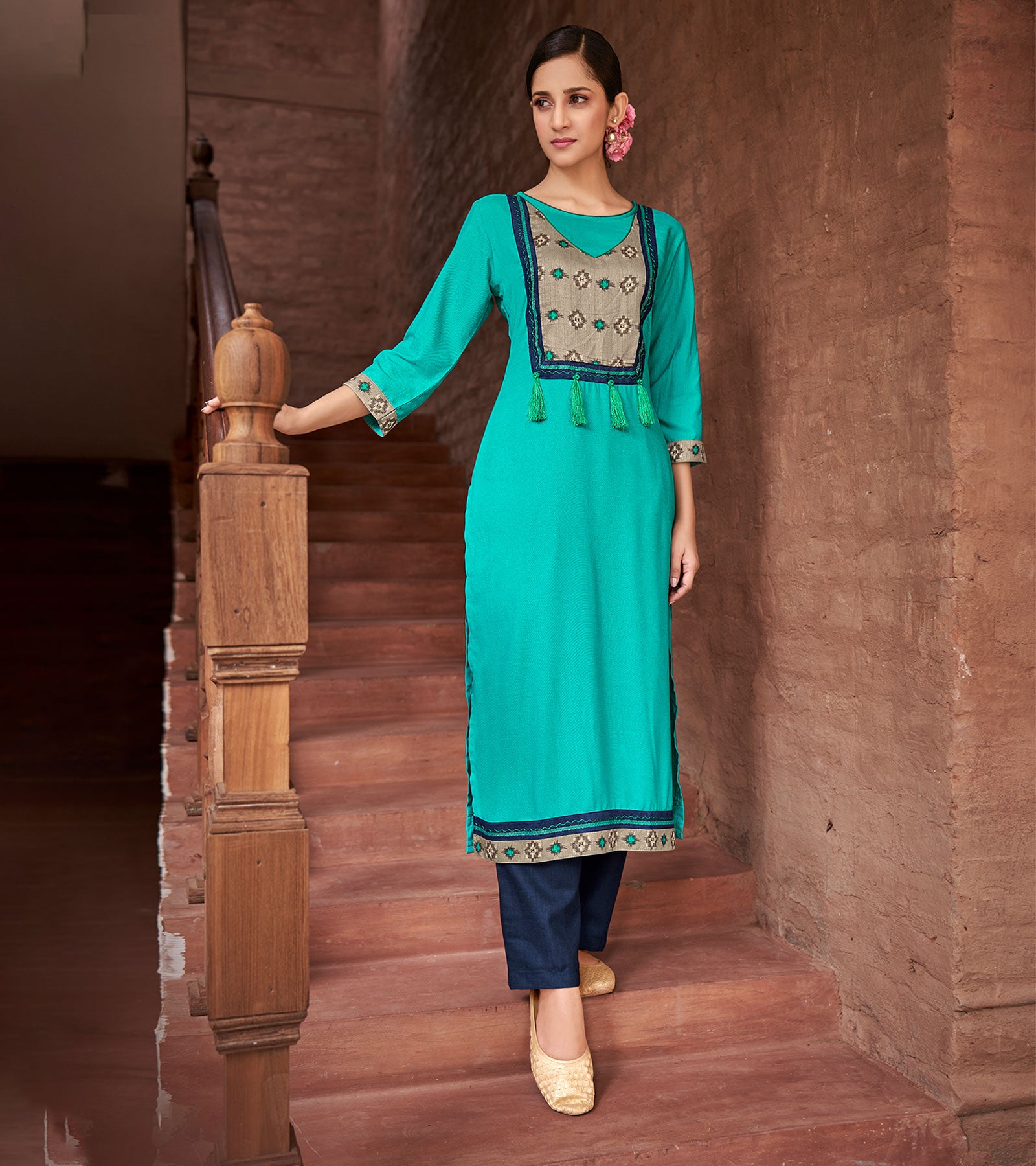 Laxmipati Rayon Rama Straight Cut Kurti With Handmade Laced