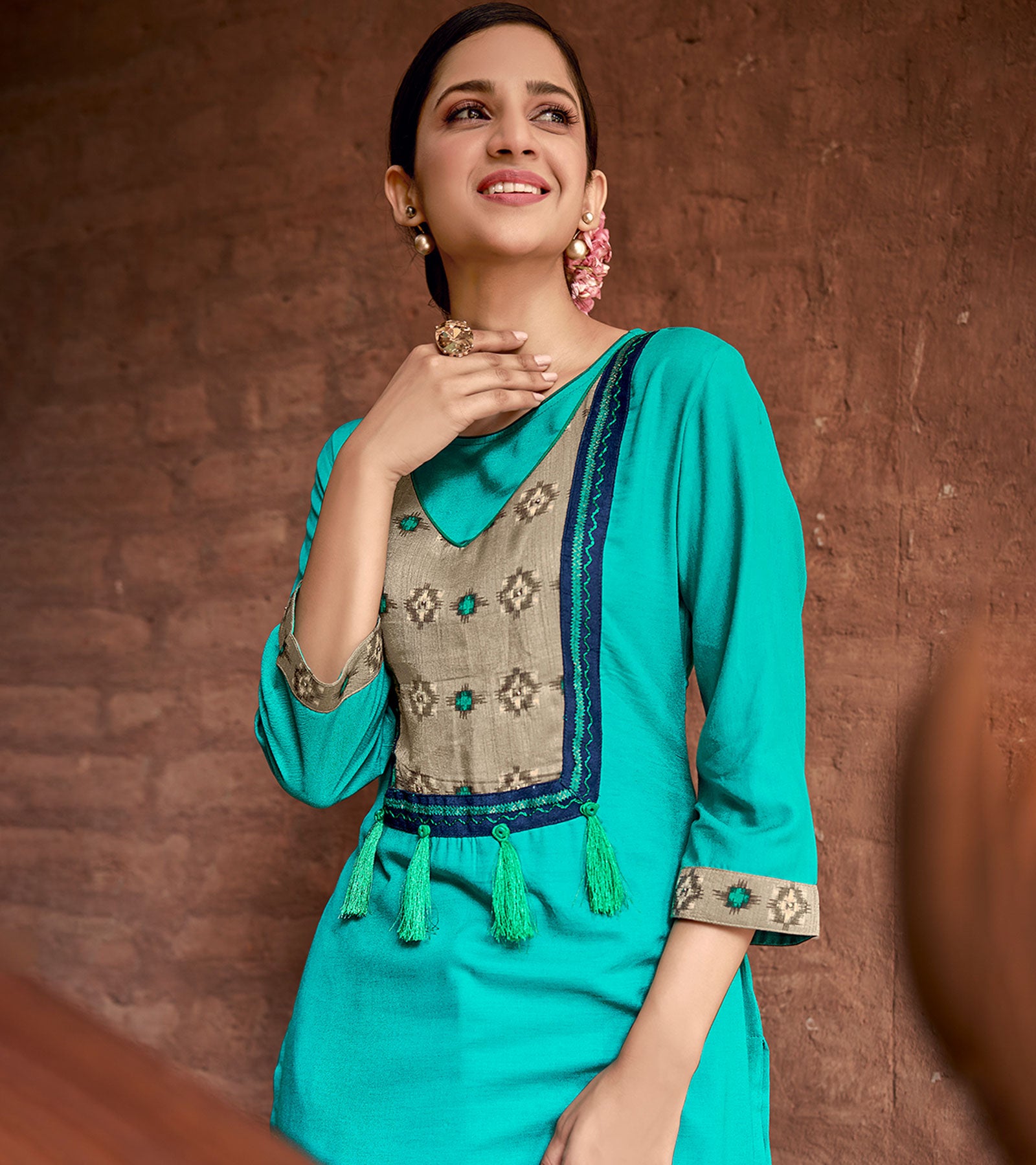 Laxmipati Rayon Rama Straight Cut Kurti With Handmade Laced
