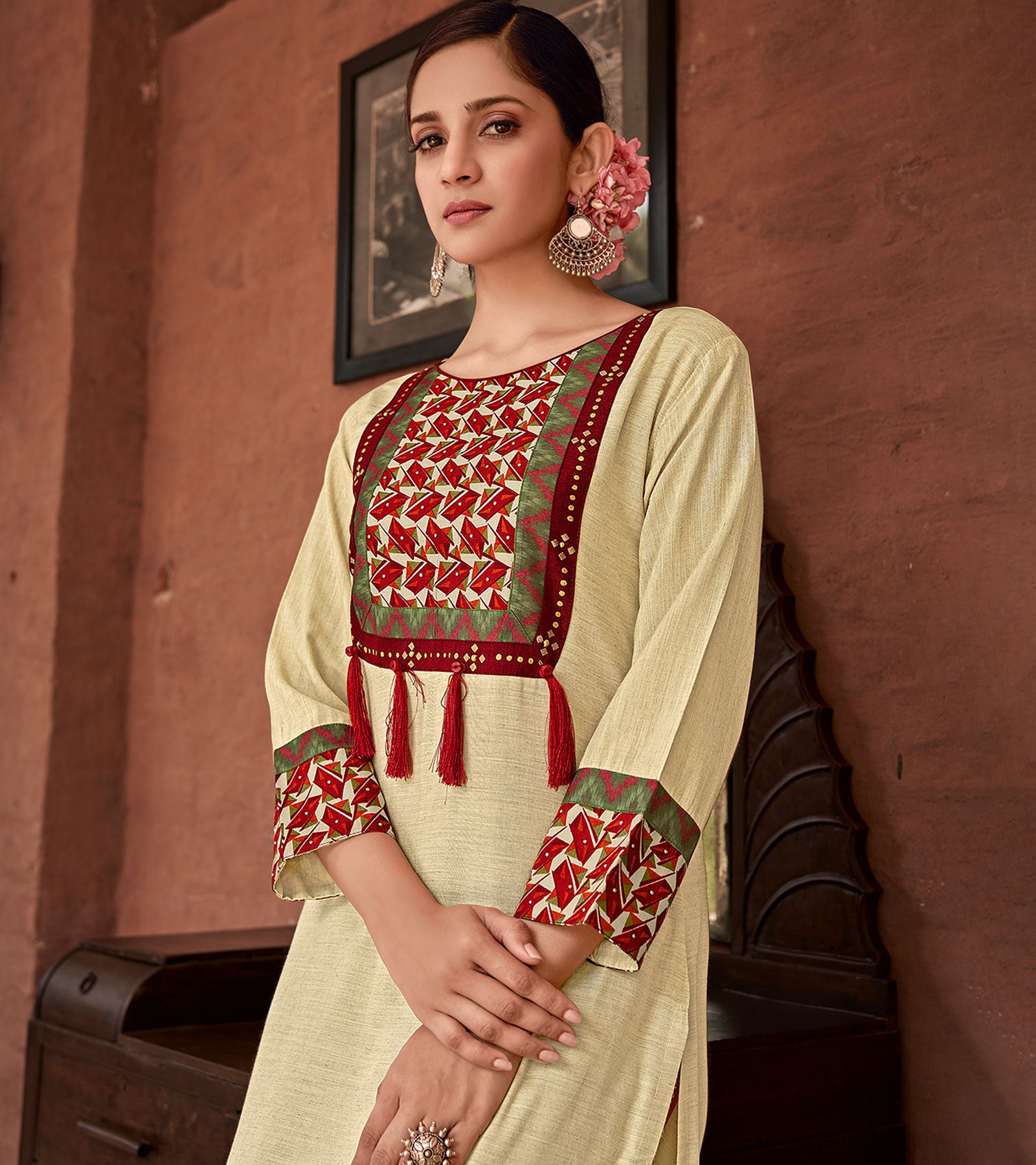 Laxmipati Rayon Duon Dust Straight Cut Kurti With Handmade Laced