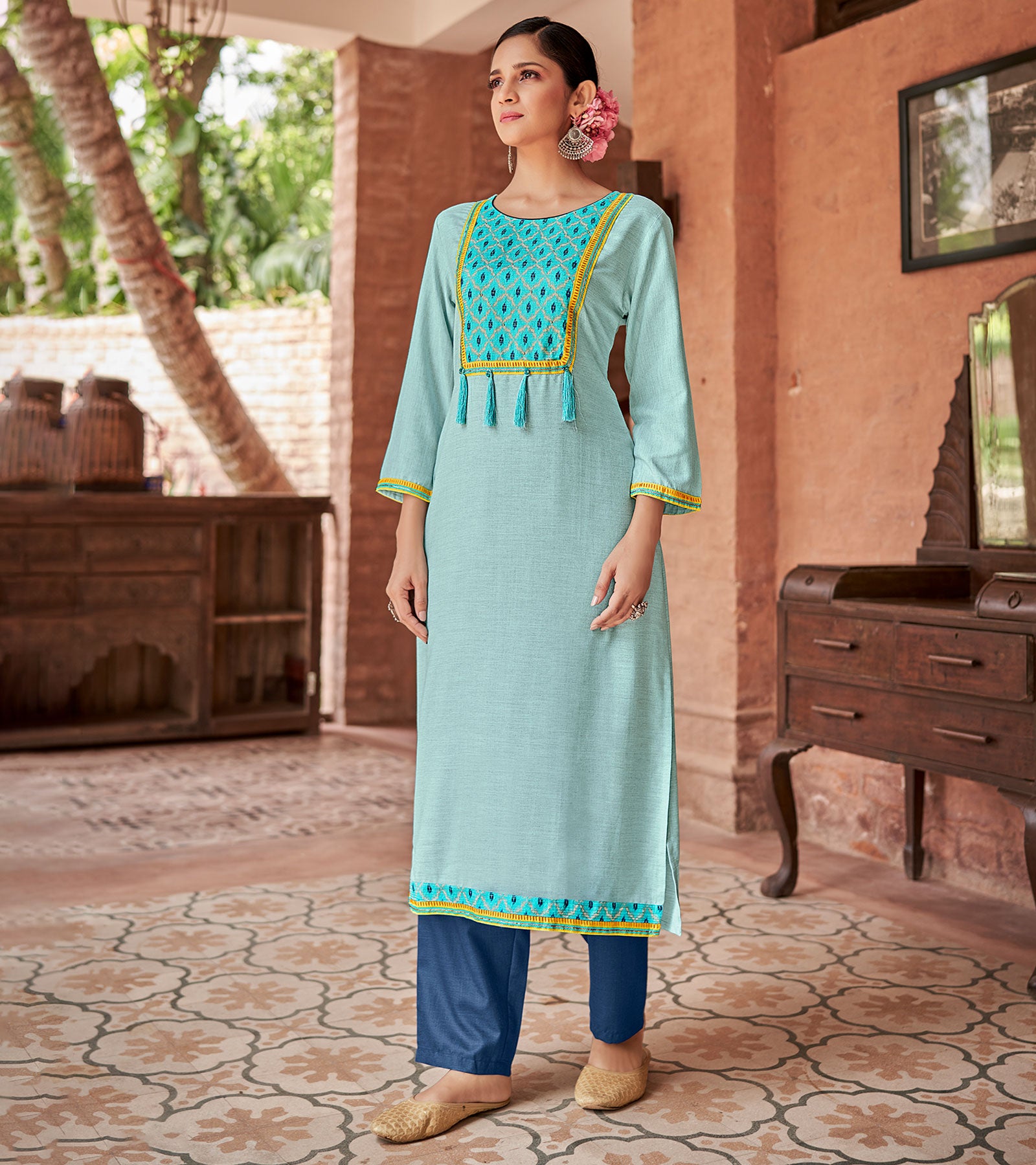 Laxmipati Rayon Aqua Blue Straight Cut Kurti With Handmade Laced