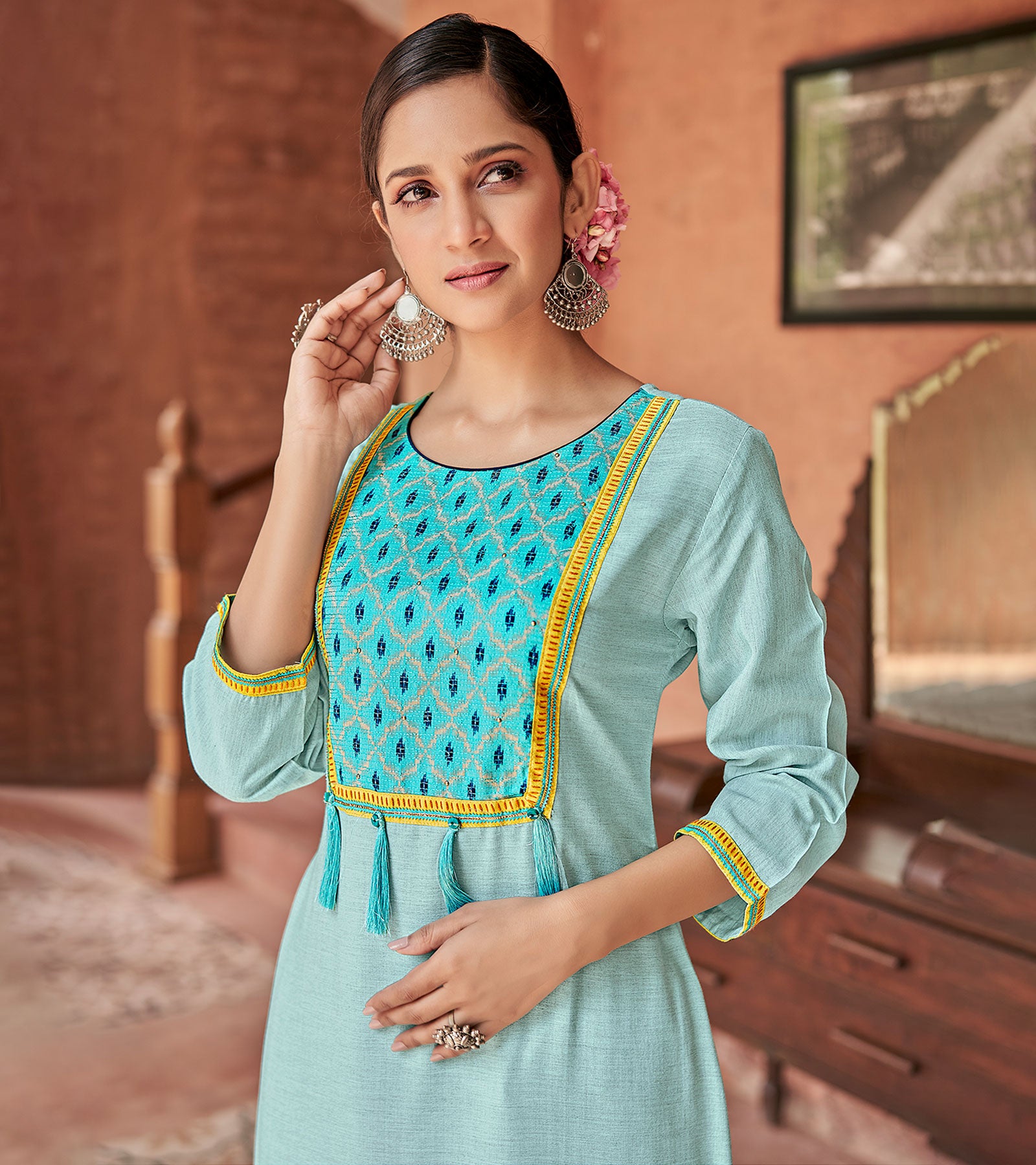 Laxmipati Rayon Aqua Blue Straight Cut Kurti With Handmade Laced