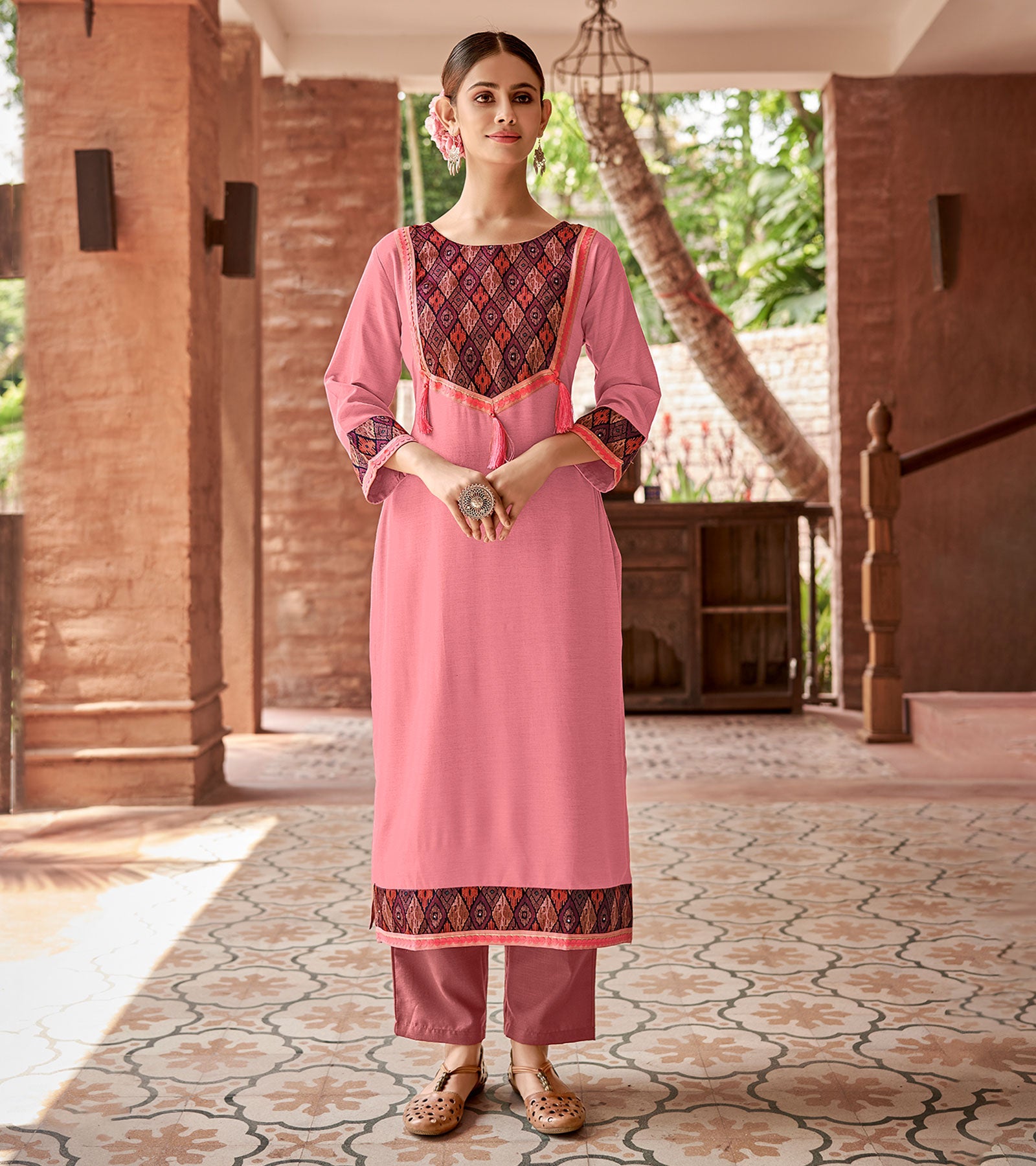 Laxmipati Rayon Pastel Pink Straight Cut Kurti With Handmade Laced