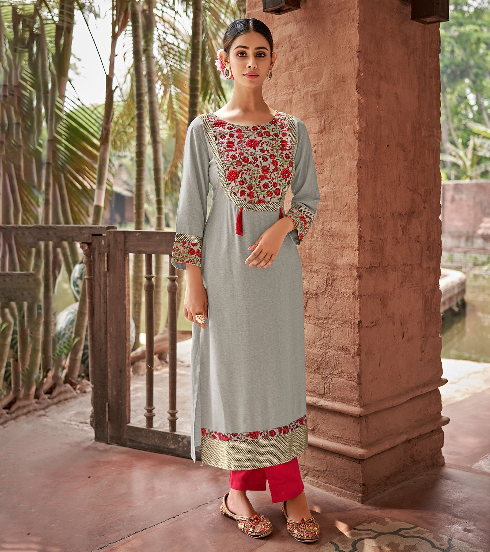 Laxmipati Rayon Mystique Grey Straight Cut Kurti With Handmade Laced