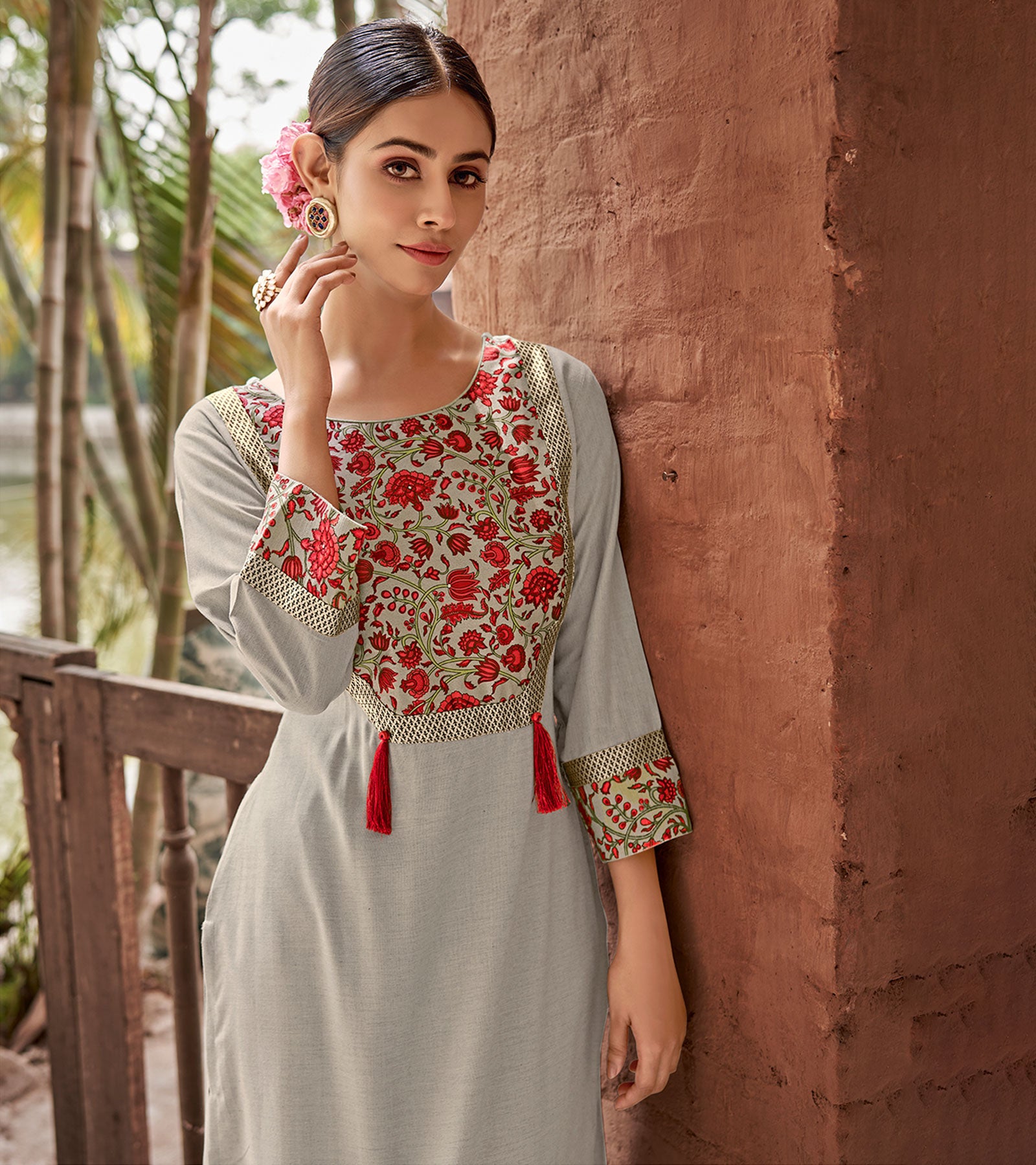 Laxmipati Rayon Mystique Grey Straight Cut Kurti With Handmade Laced