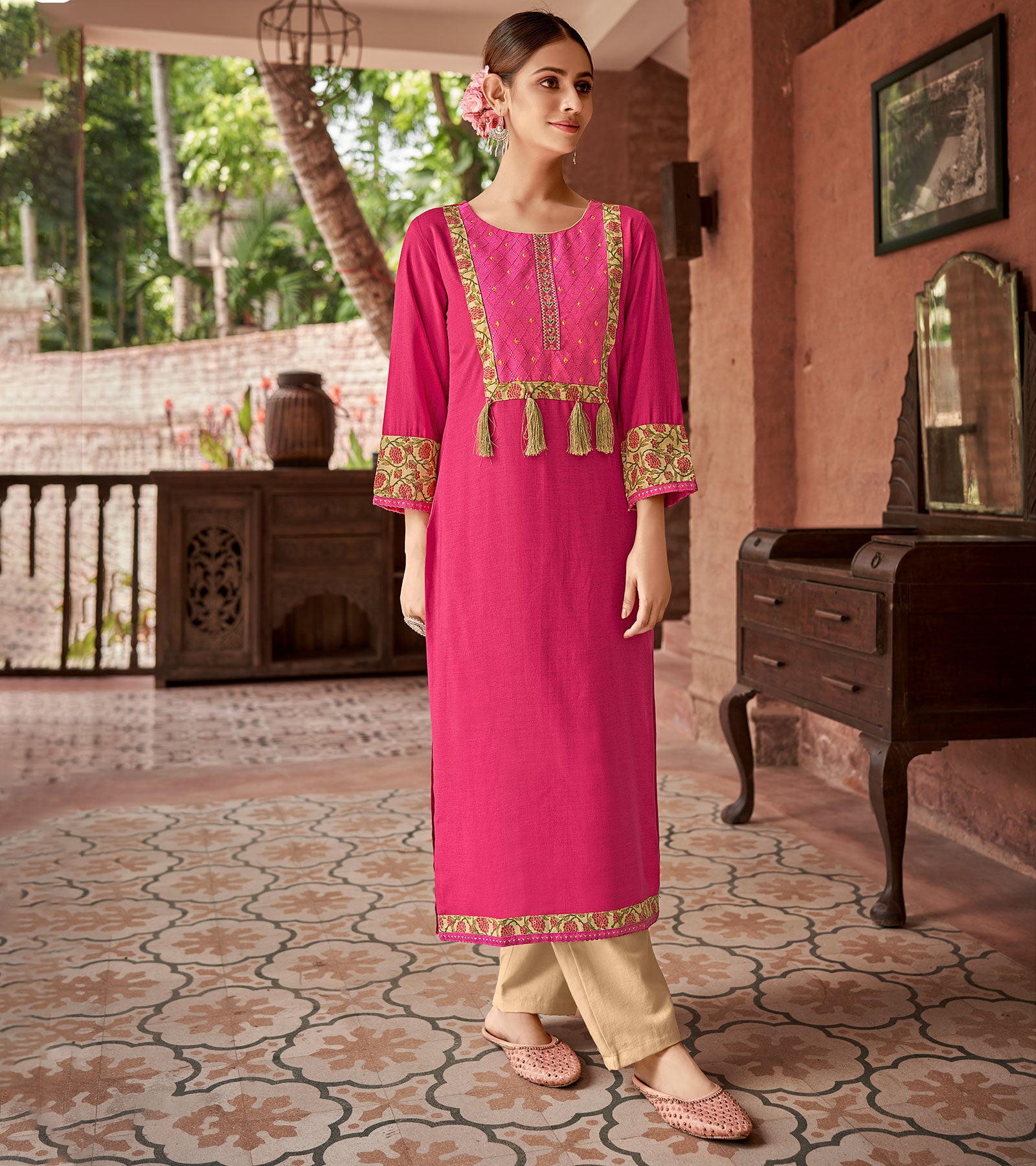 Laxmipati Rayon Carnation Pink Straight Cut Kurti With Handmade Laced