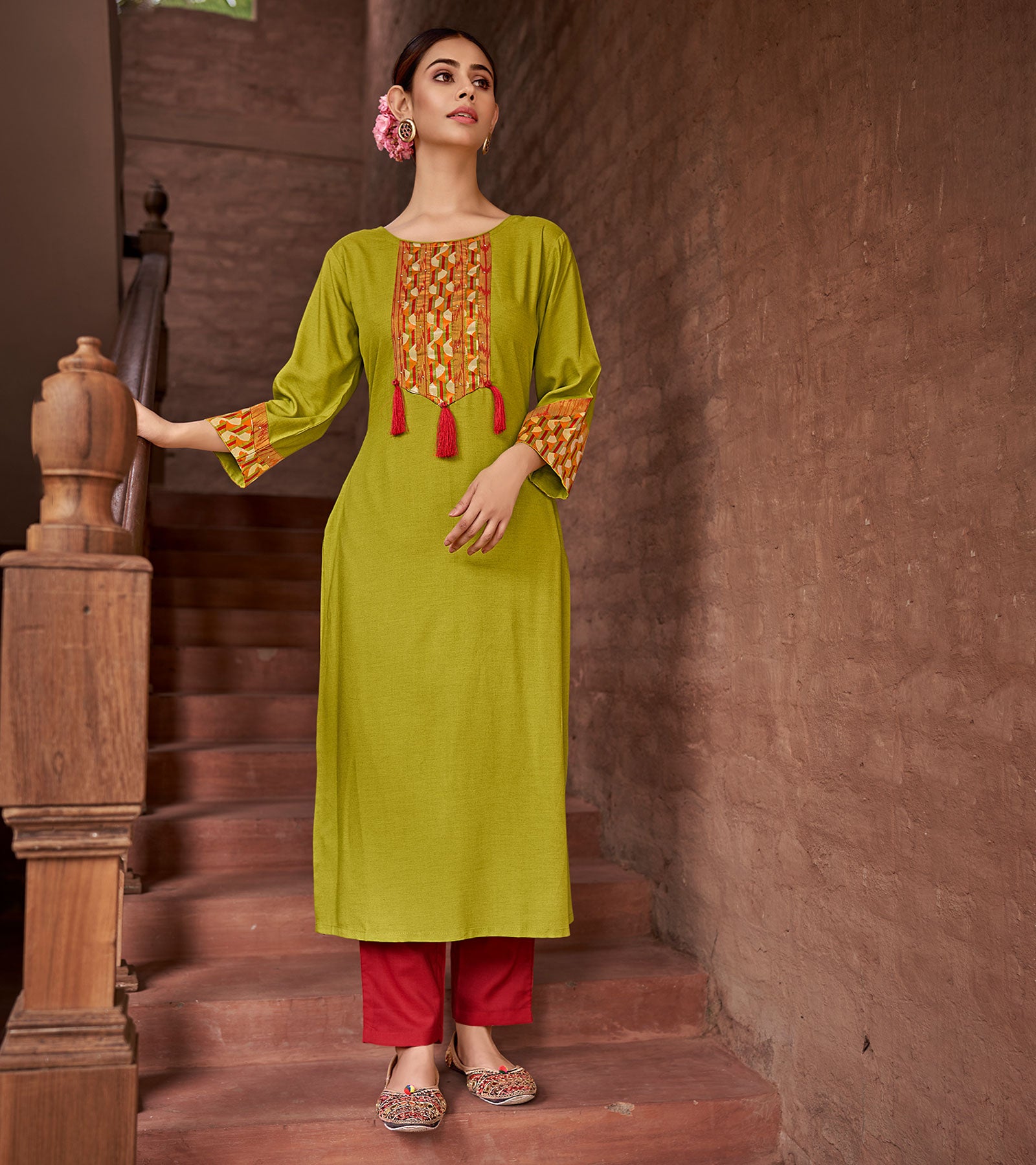 Laxmipati Rayon Lime Green Straight Cut Kurti With Handmade Laced