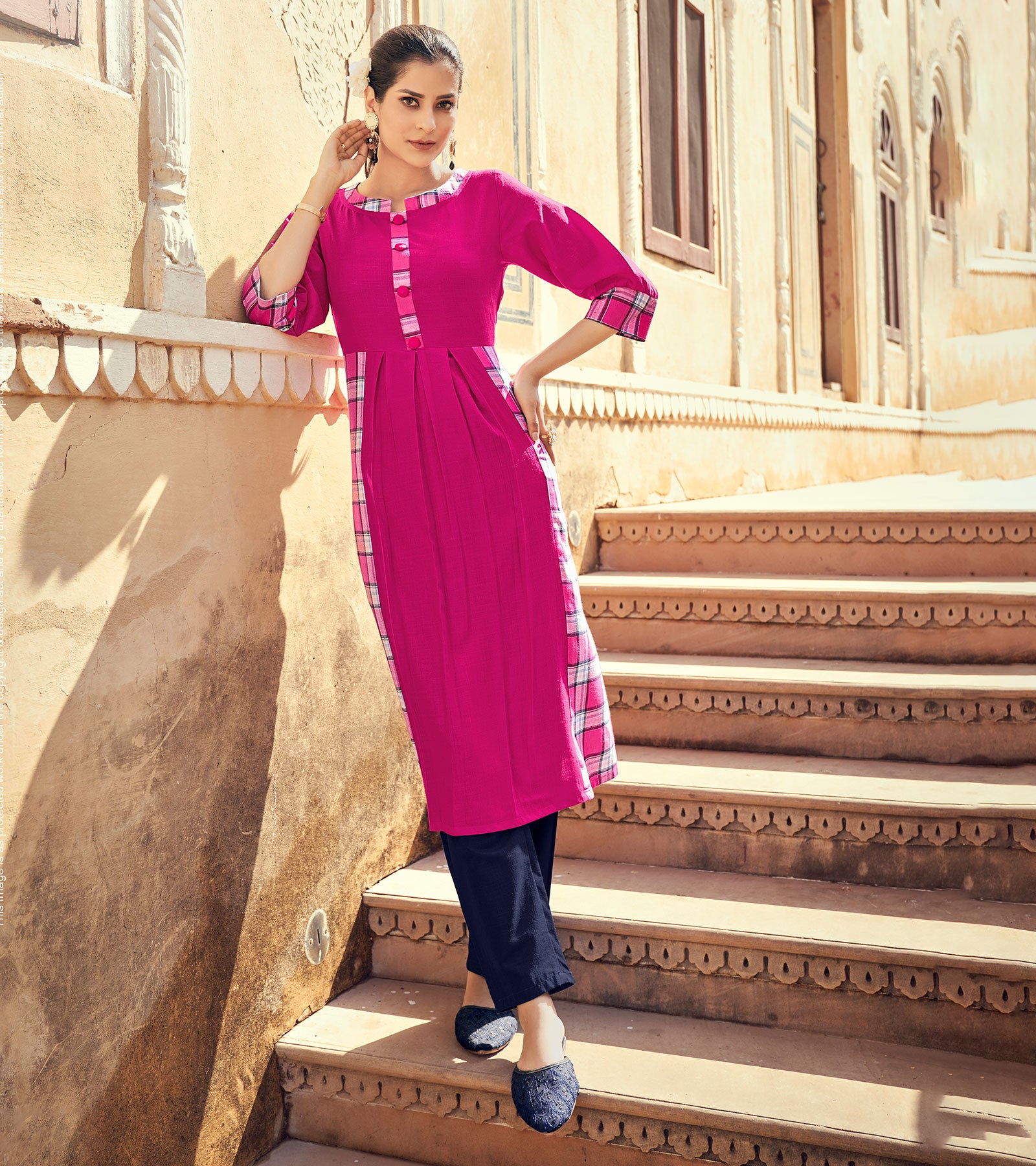 Laxmipati Rayon Chex With Swiss Slub Marine Magenta Straight Kurta