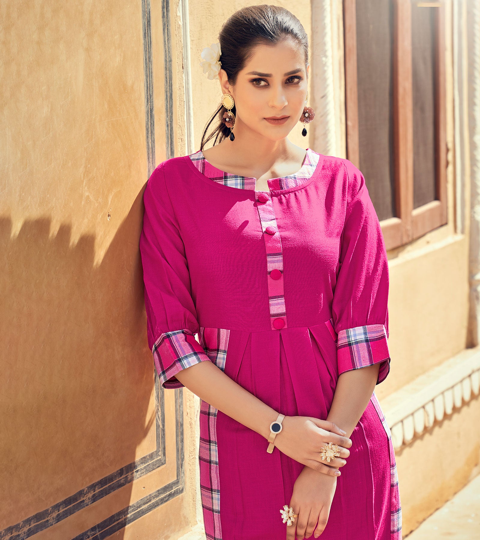 Laxmipati Rayon Chex With Swiss Slub Marine Magenta Straight Kurta