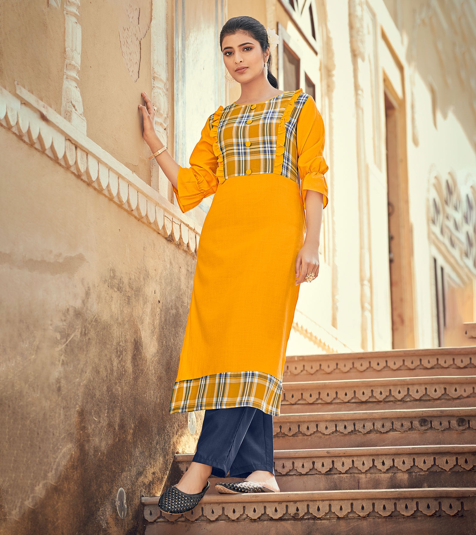 Laxmipati Rayon Chex With Swiss Slub Canary Chex With Turmeric Yellow Straight Kurta