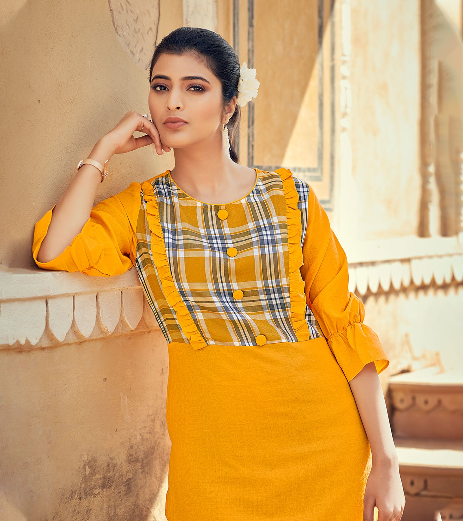 Laxmipati Rayon Chex With Swiss Slub Canary Chex With Turmeric Yellow Straight Kurta