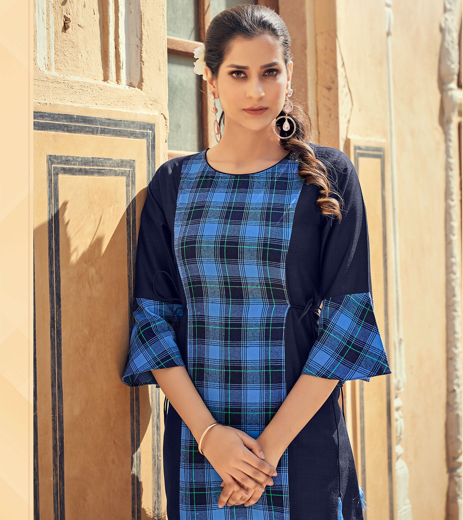 Laxmipati Rayon Chex With Swiss Slub Navy Blue Straight Kurta