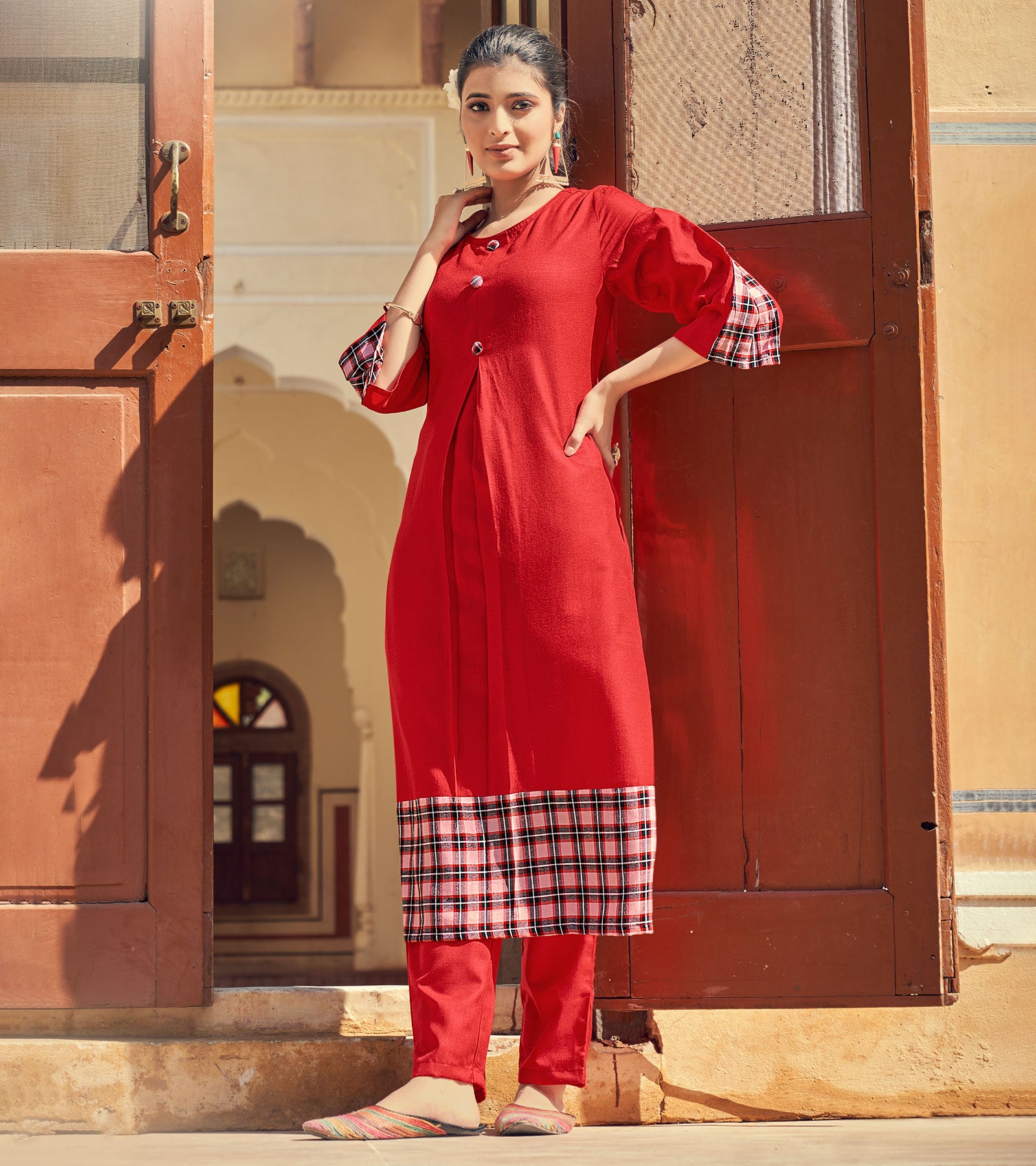 Laxmipati Rayon Chex With Swiss Slub Barn Red Straight Kurta