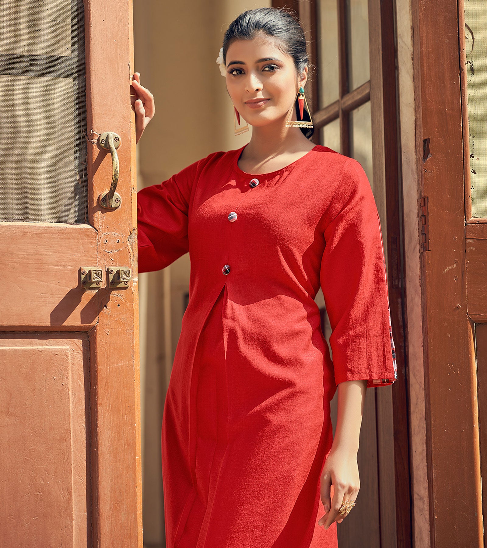 Laxmipati Rayon Chex With Swiss Slub Barn Red Straight Kurta