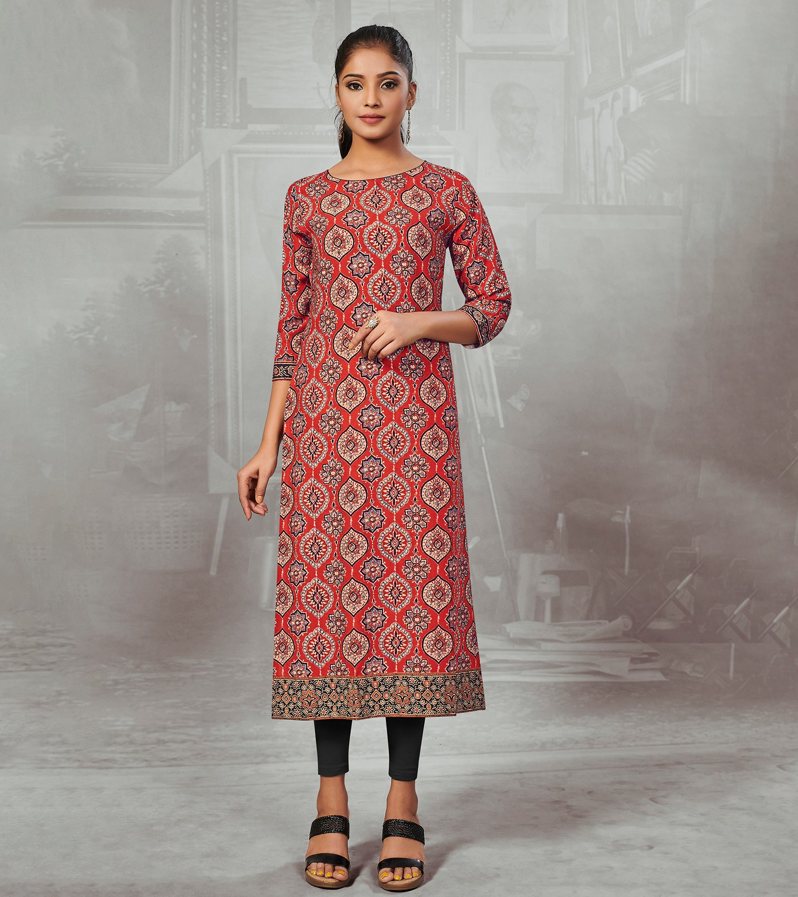 Laxmipati Poppy Red Straight Cut Kurti With Digital Print