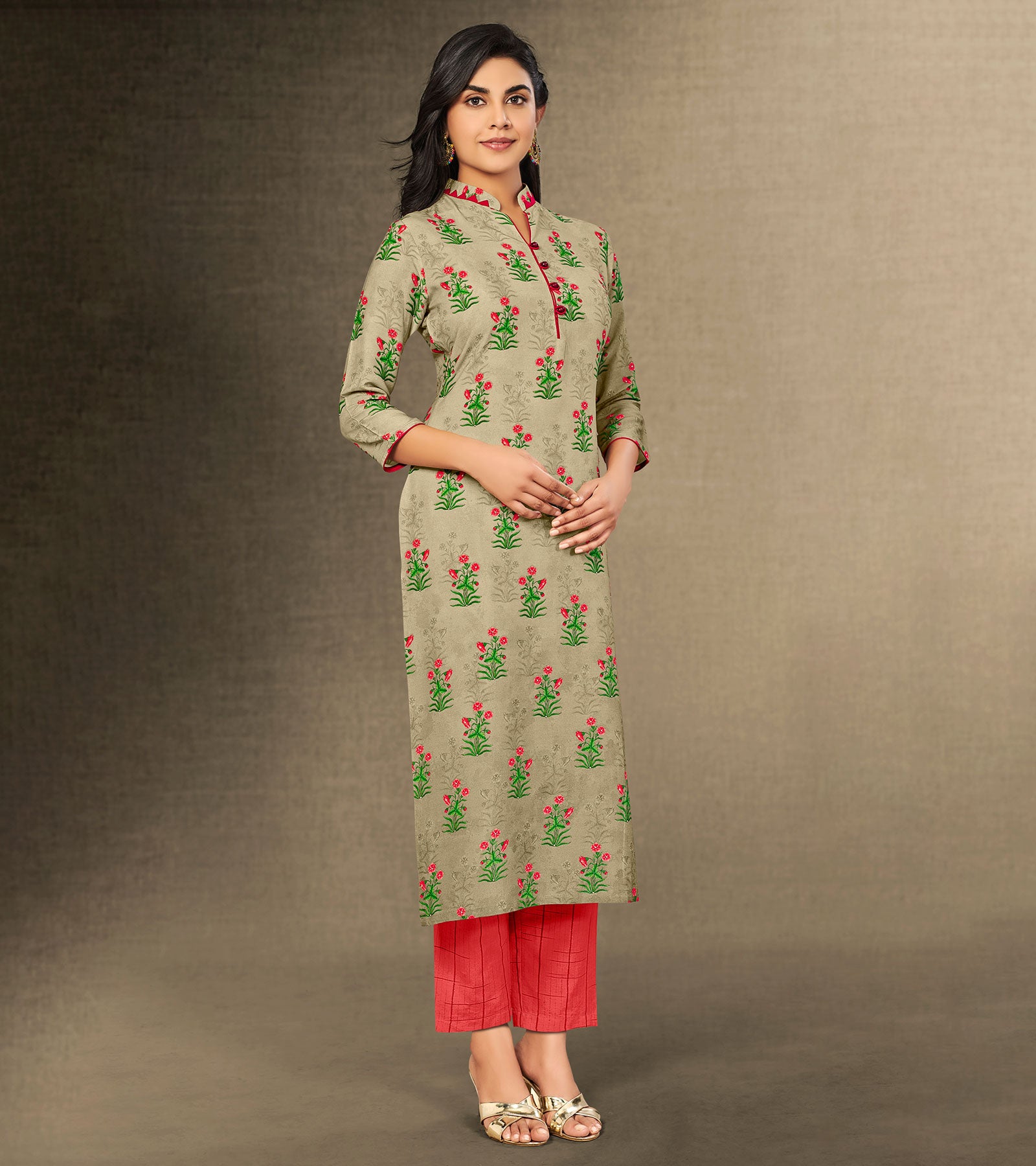 Laxmipati Grey Beige Straight Cut Kurti With Digital Print