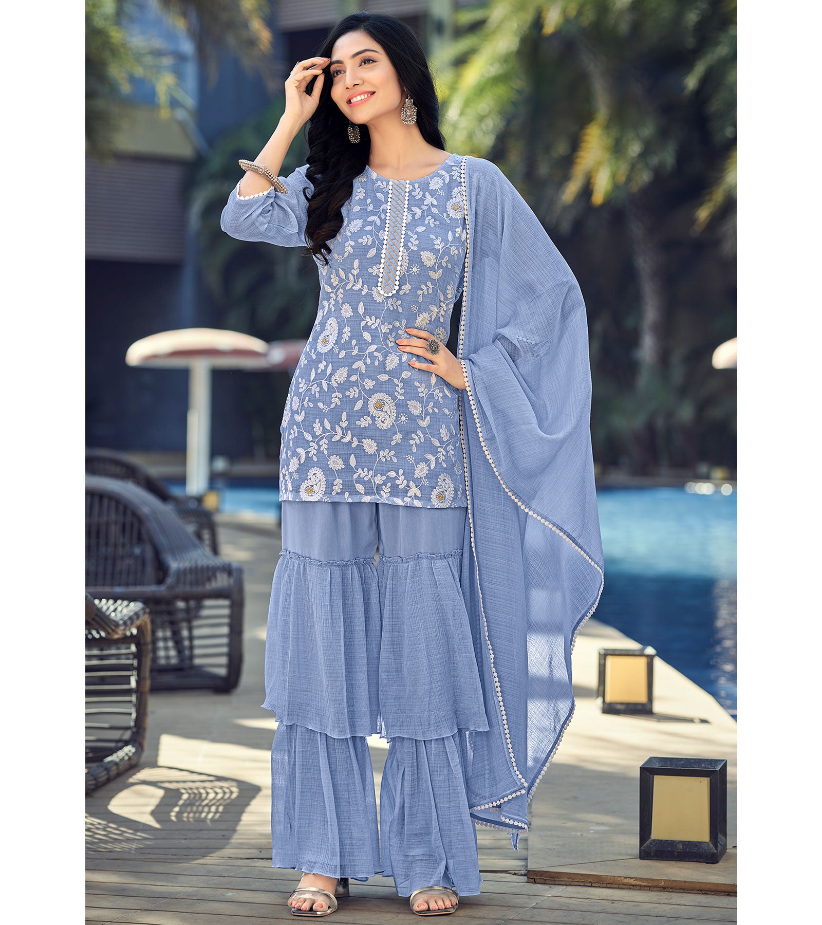 Laxmipati D3-125 Viscose Fabric Steel Blue Kurti With Sharara & Dupatta