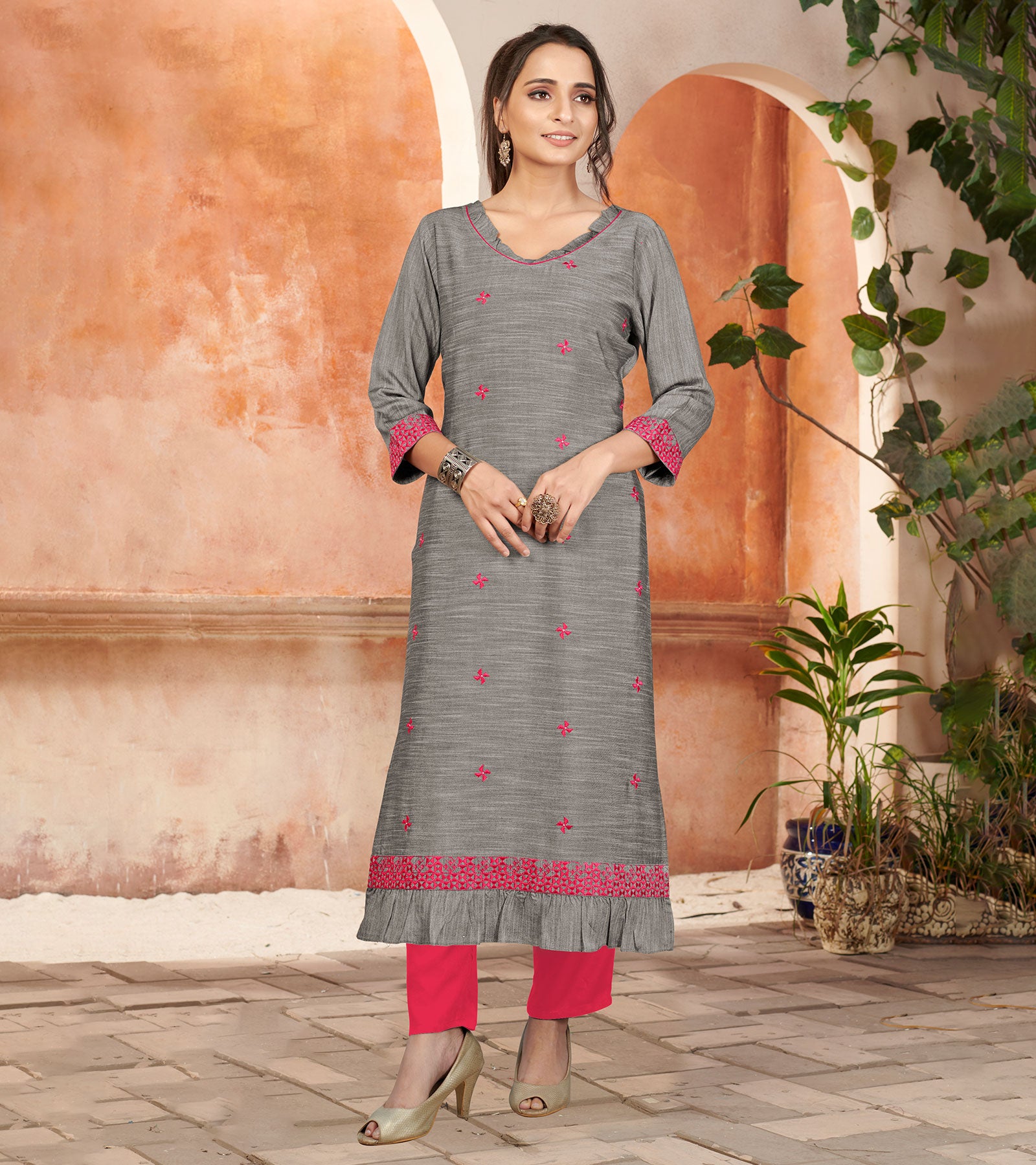 Laxmipati Bombay Velvet Shark Grey Straight Kurti Have Fancy Necklines With All Over Grading Embossed Buttas & Laces Use Of Contrast Colour Effect, Along With Pant