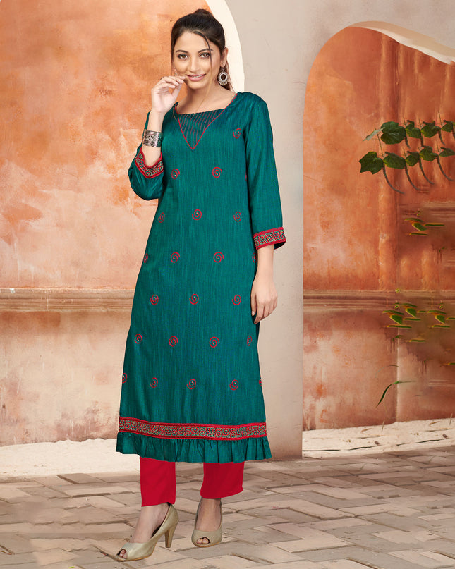 Laxmipati Bombay Velvet Peacock Green Straight Kurti Have Fancy Necklines With All Over Grading Embossed Buttas   & Laces Use Of Contrast Colour Effect, Along With Pant