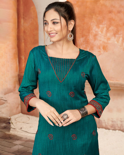 Laxmipati Bombay Velvet Peacock Green Straight Kurti Have Fancy Necklines With All Over Grading Embossed Buttas   & Laces Use Of Contrast Colour Effect, Along With Pant
