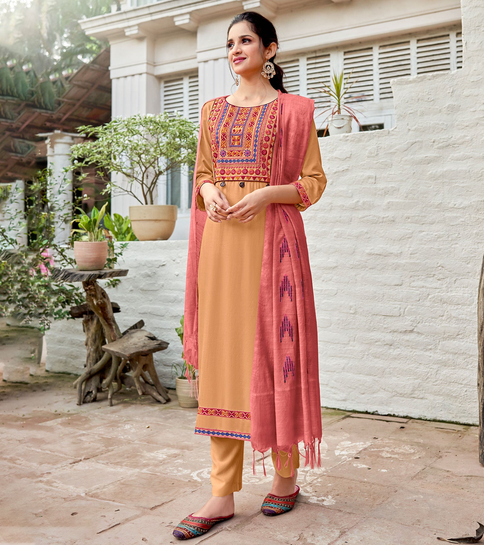 Laxmipati Pure Viscose Burn Out Beige Straight Cut Kurti With Pant And Dupatta