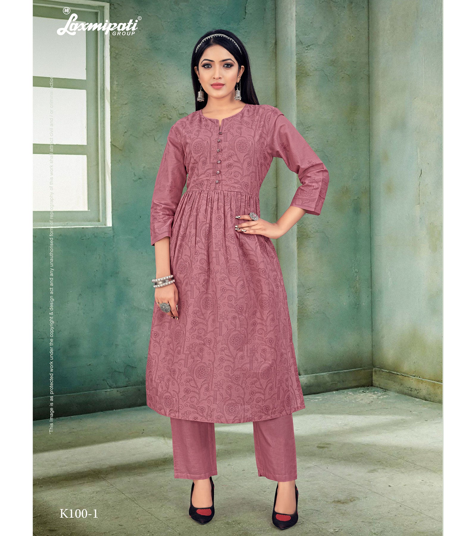 Laxmipati Mull Dusty Pink Kurti With Pant (Nyra Cut)