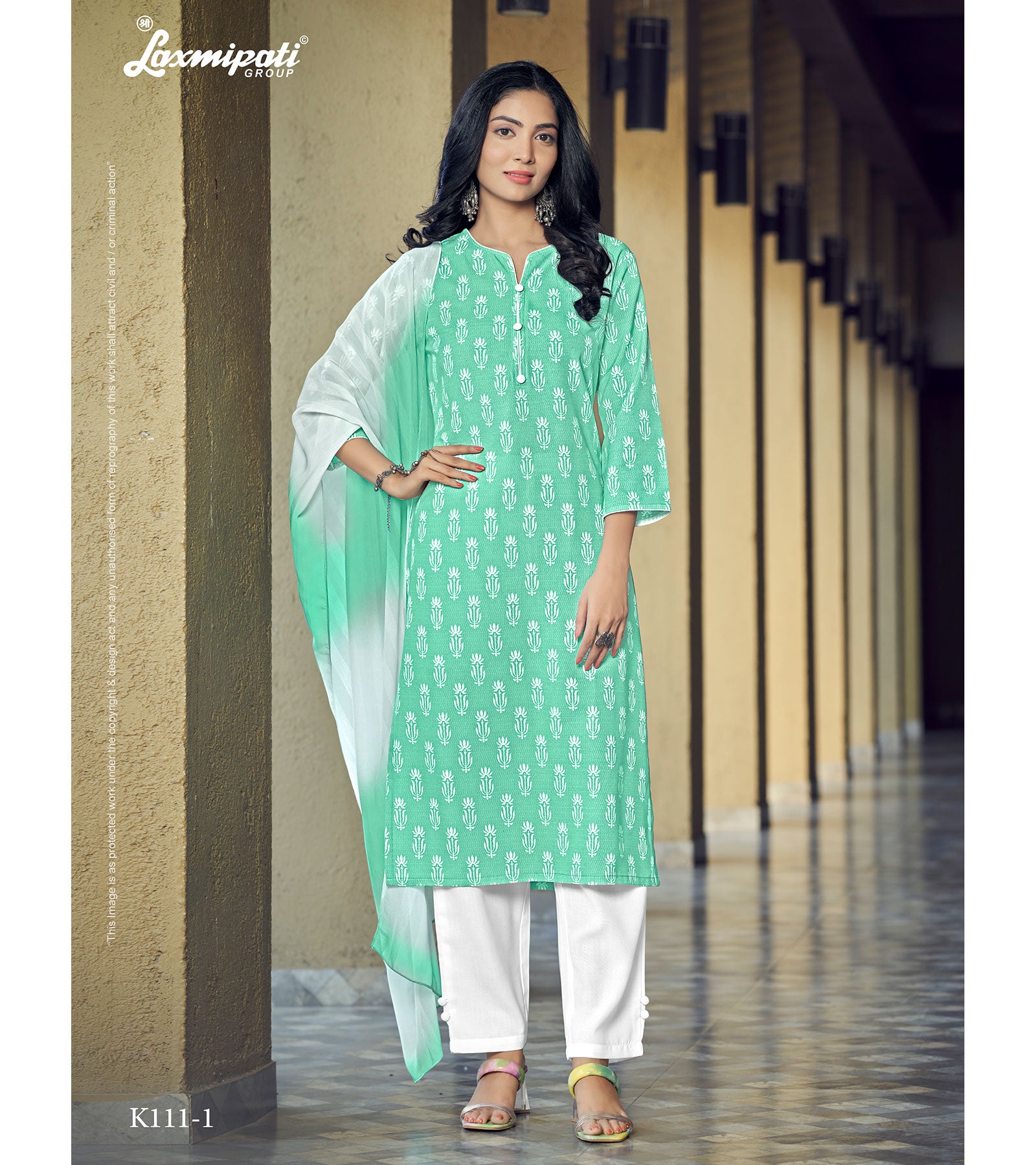 Laxmipati Chanchal Spun Base Mint Green Light Kurti , Pant & Dupatta