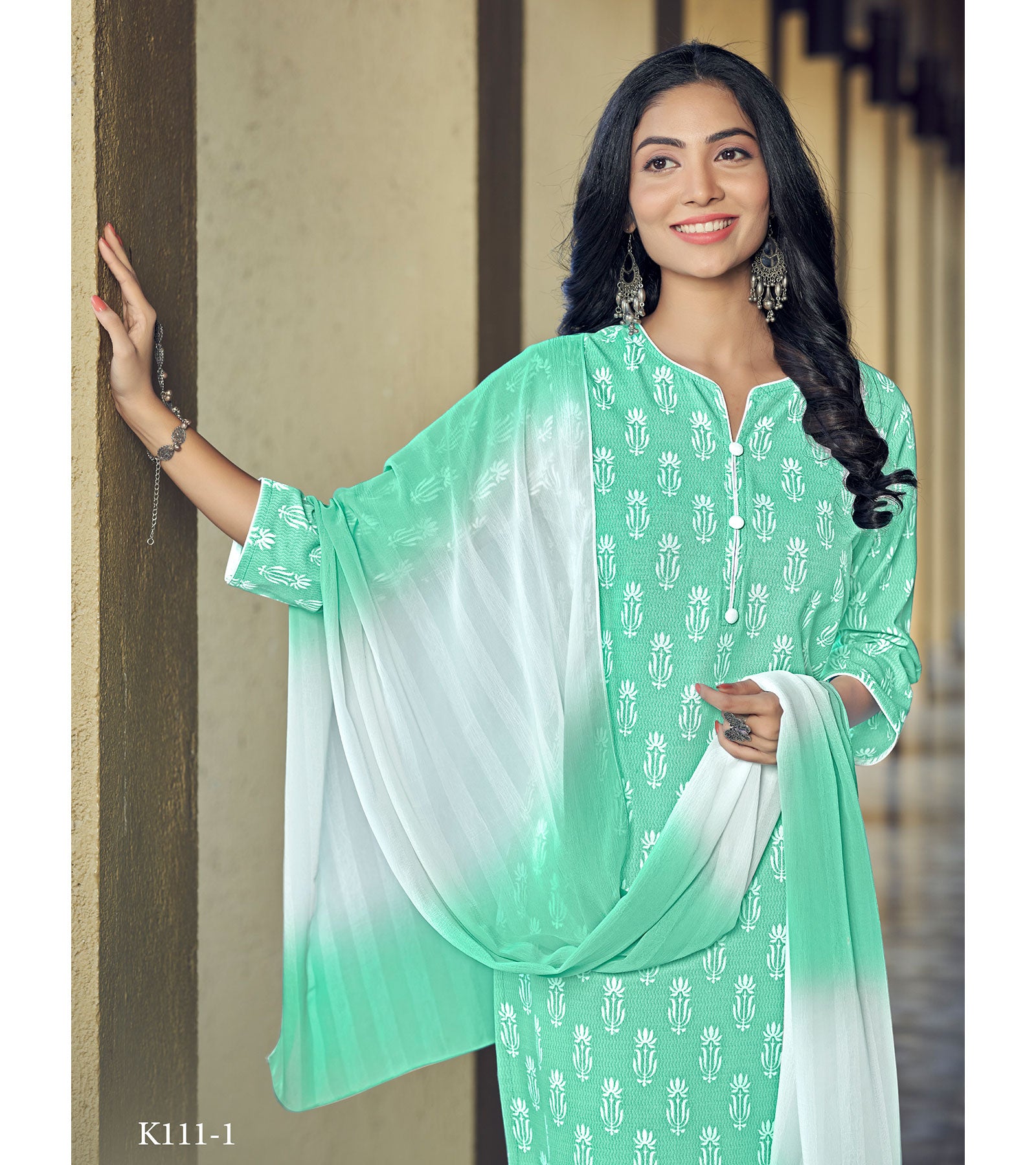Laxmipati Chanchal Spun Base Mint Green Light Kurti , Pant & Dupatta