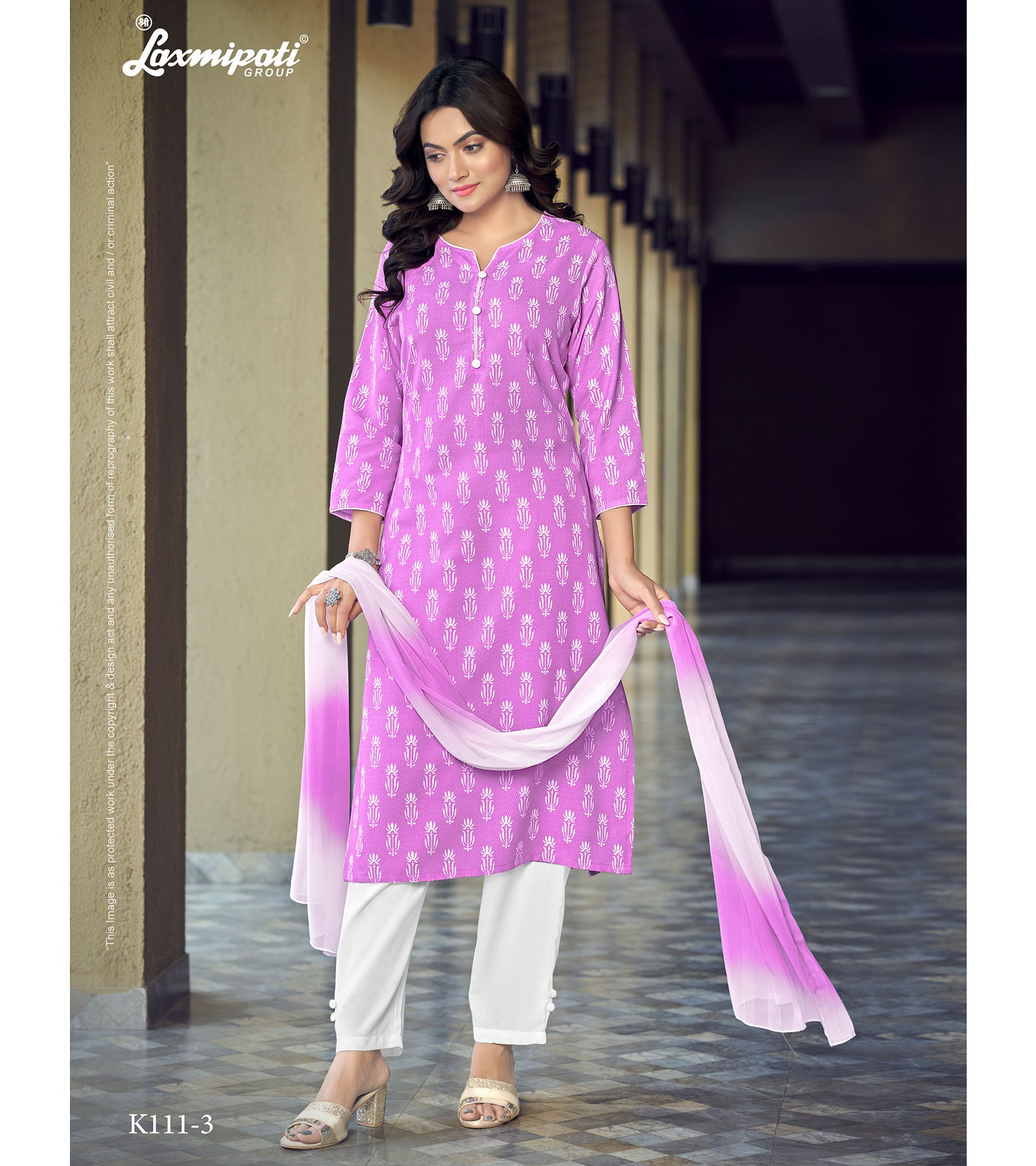 Laxmipati Chanchal Spun Base Light Violet Kurti , Pant & Dupatta