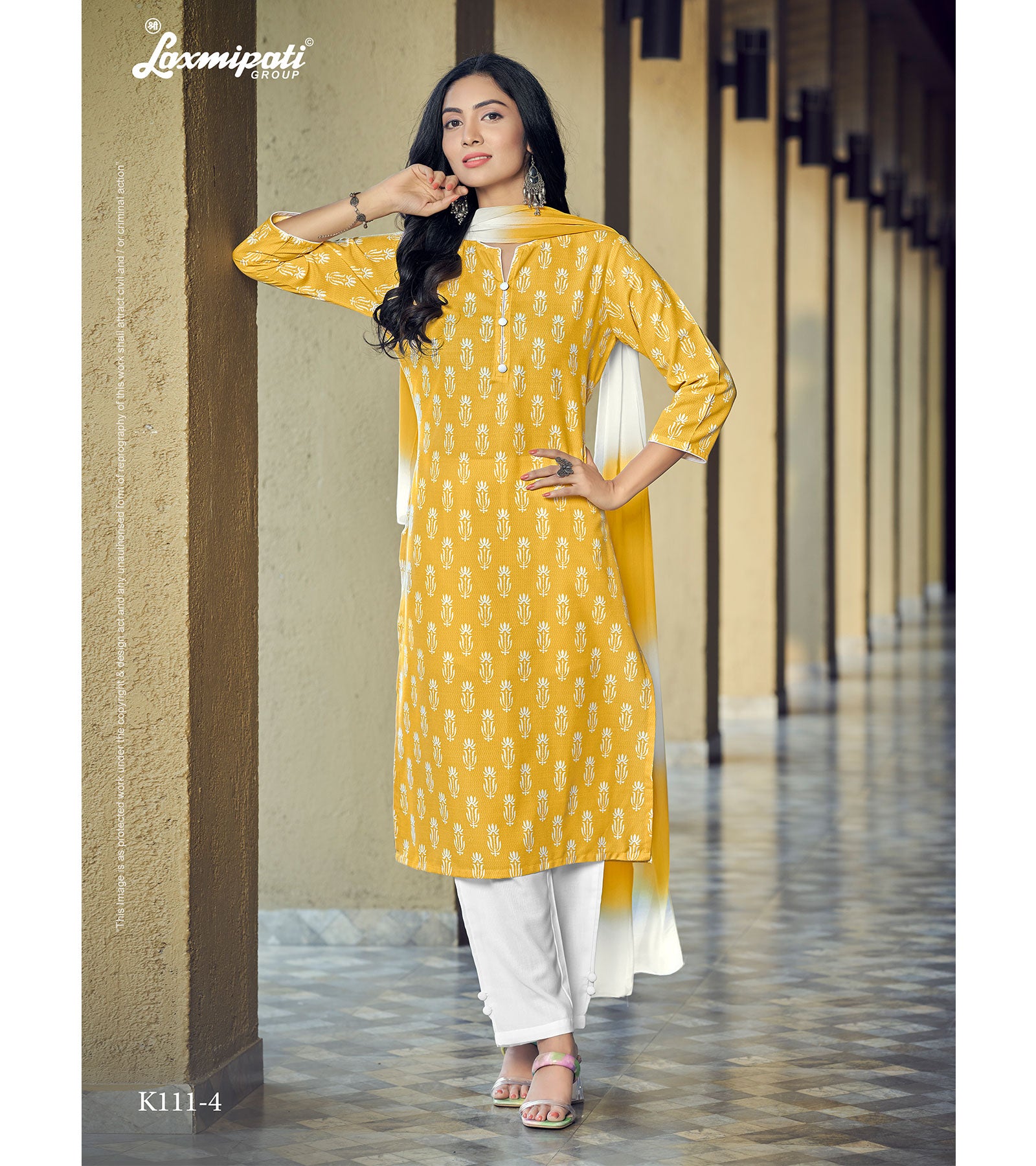 Laxmipati Chanchal Spun Base Yellow Kurti , Pant & Dupatta