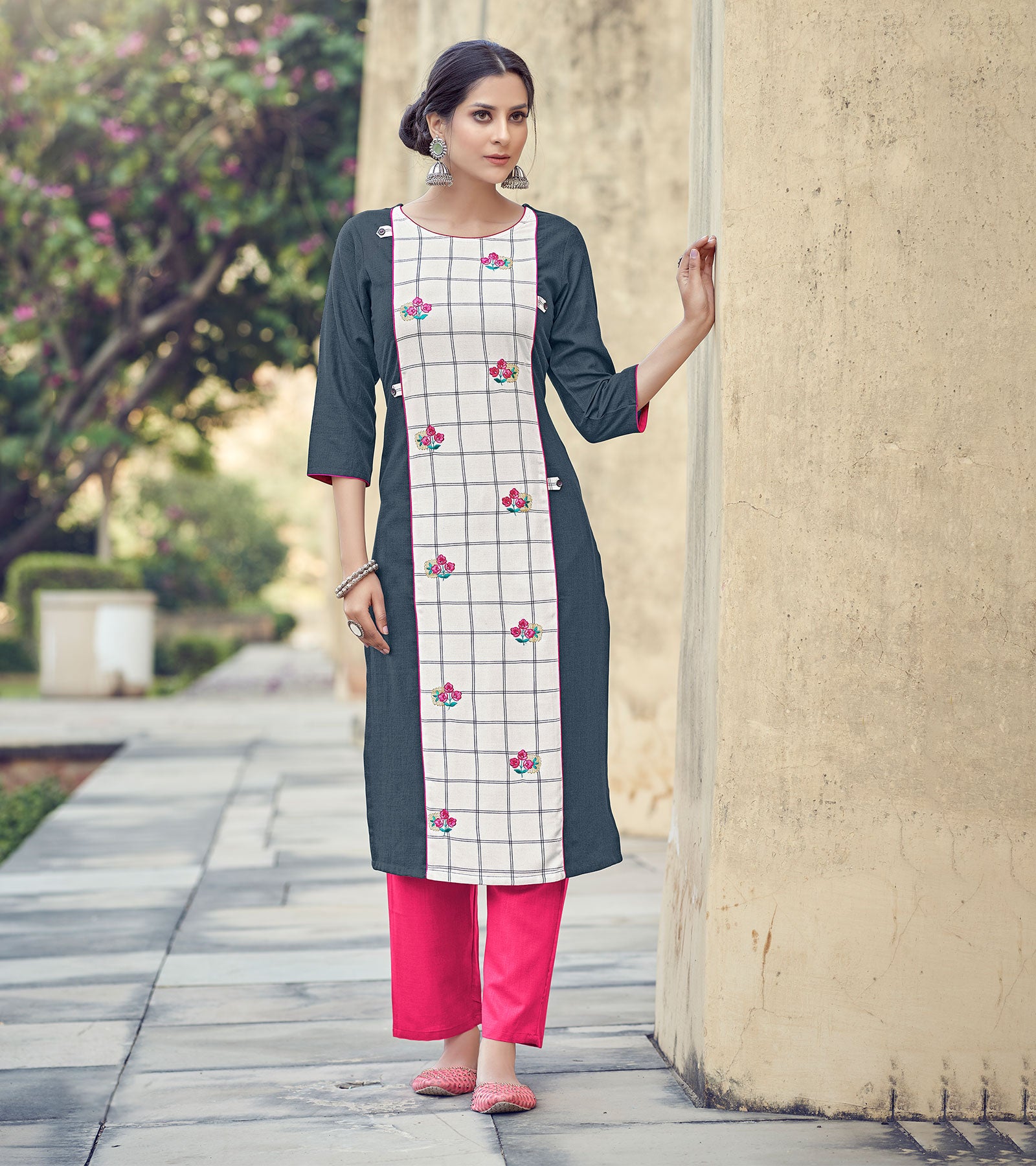 Laxmipati Rayon Cross And Swiss Slub Shadow Grey And White Checks Kurti With Two Fabrics By Giving All Over Grading Butta With Different Princess Lines , Fancy Yoke , Classy Necklines And Sleeve With Comfy Cuff.
