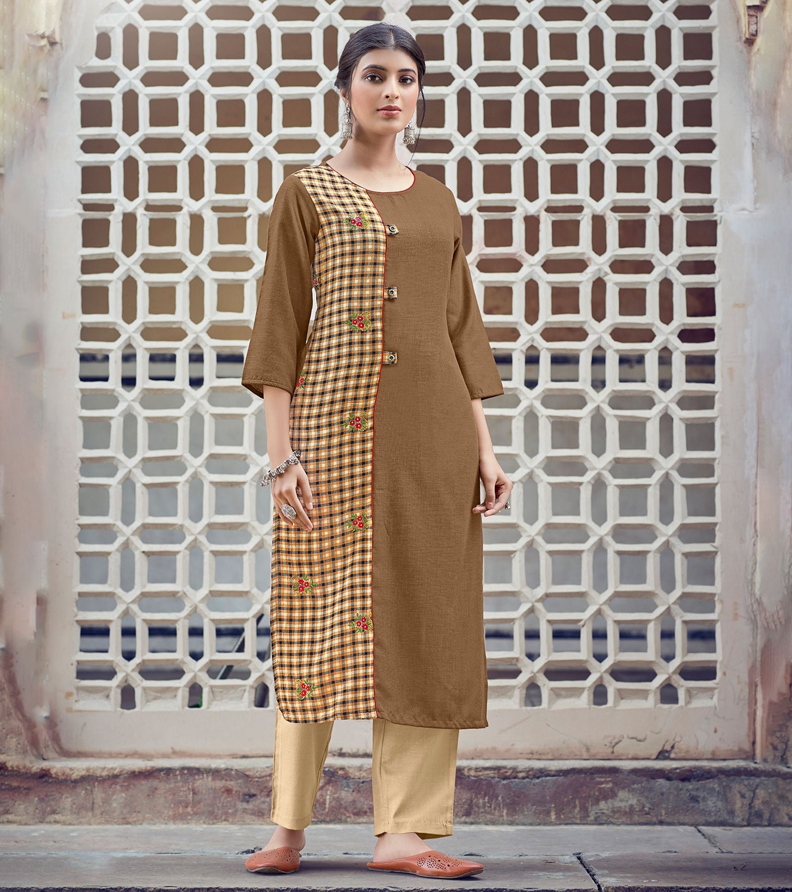 Laxmipati Rayon Cross And Swiss Slub Earthy Brown Ans Checks Kurti With Two Fabrics By Giving All Over Grading Butta With Different Princess Lines , Fancy Yoke , Classy Necklines And Sleeve With Comfy Cuff.