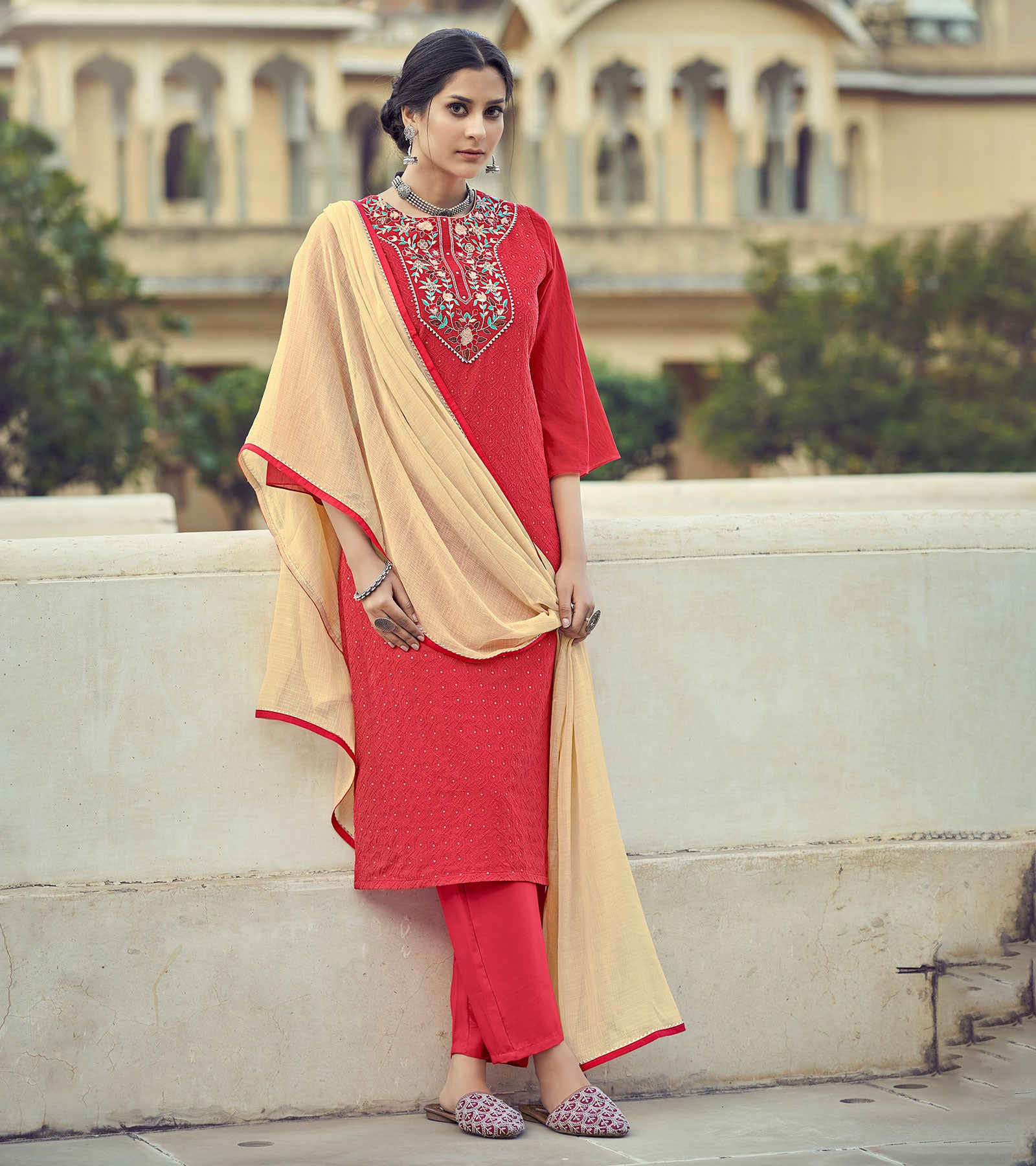 Laxmipati Candy Red Limzi Georgette Straight Cut Kurti With Dupatta & Pant