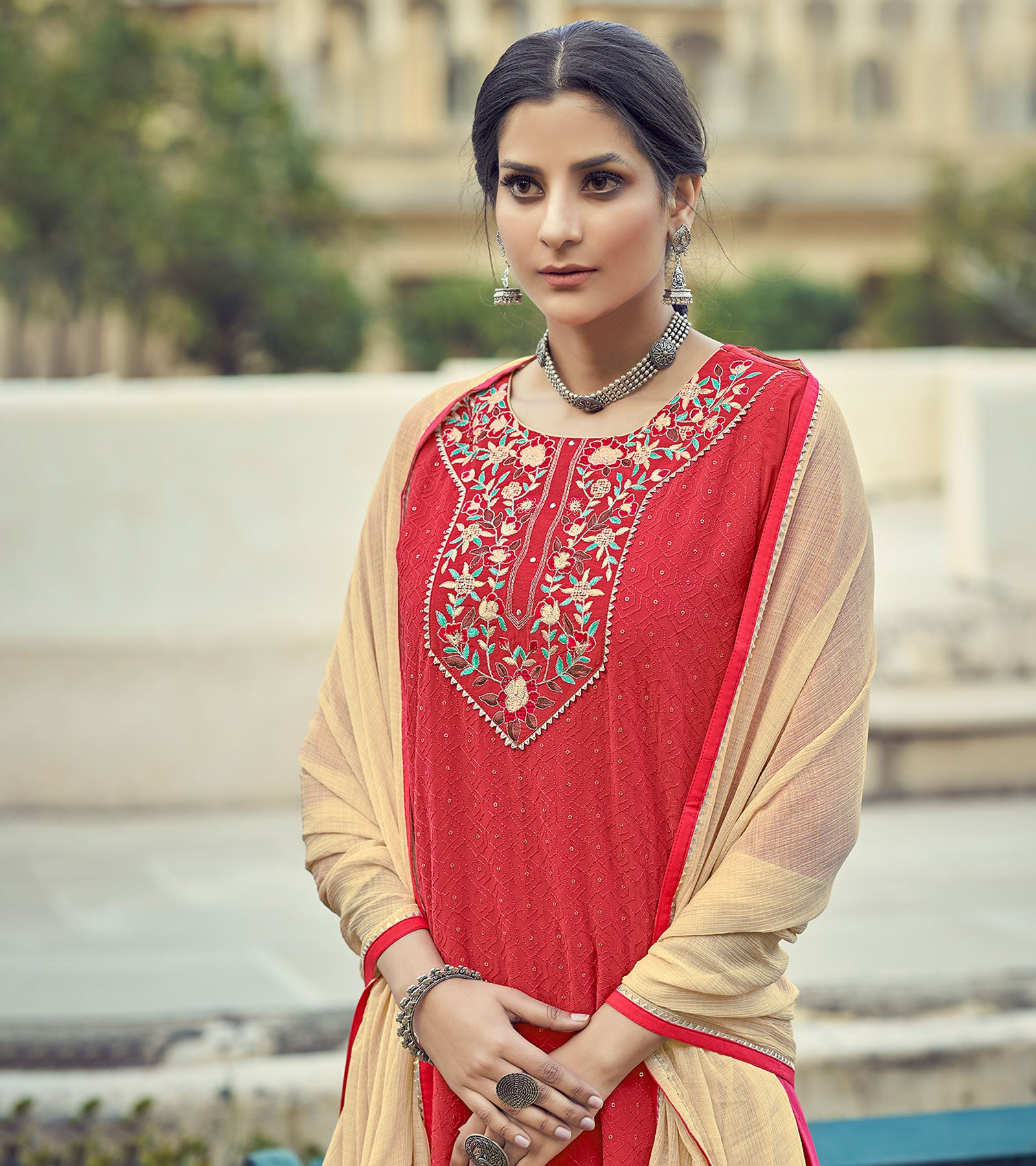 Laxmipati Candy Red Limzi Georgette Straight Cut Kurti With Dupatta & Pant