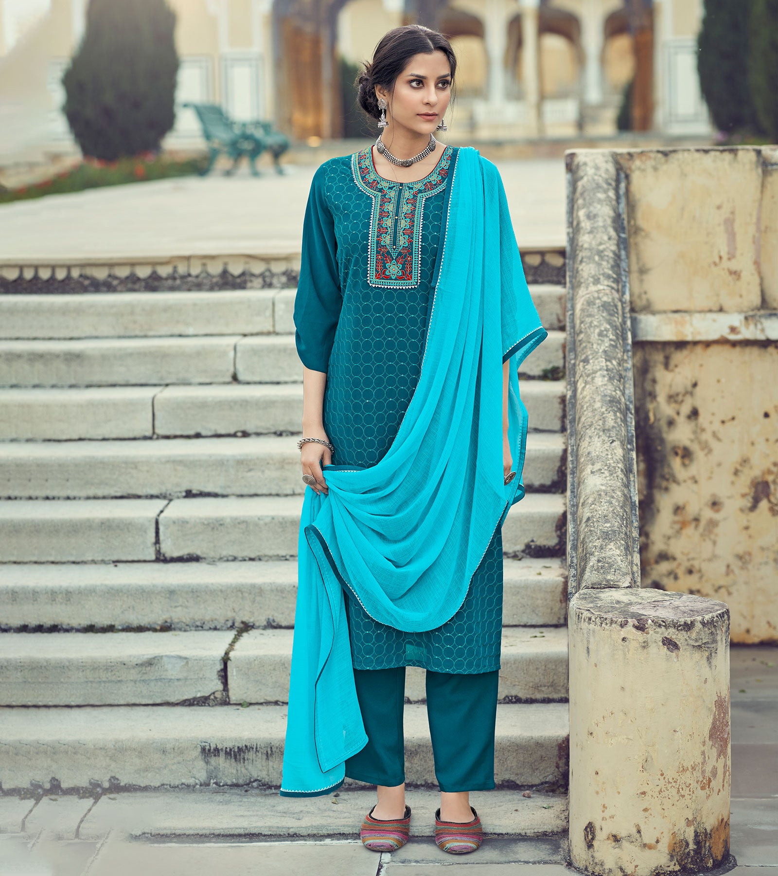 Laxmipati Yale Blue Limzi Georgette Straight Cut Kurti With Dupatta & Pant