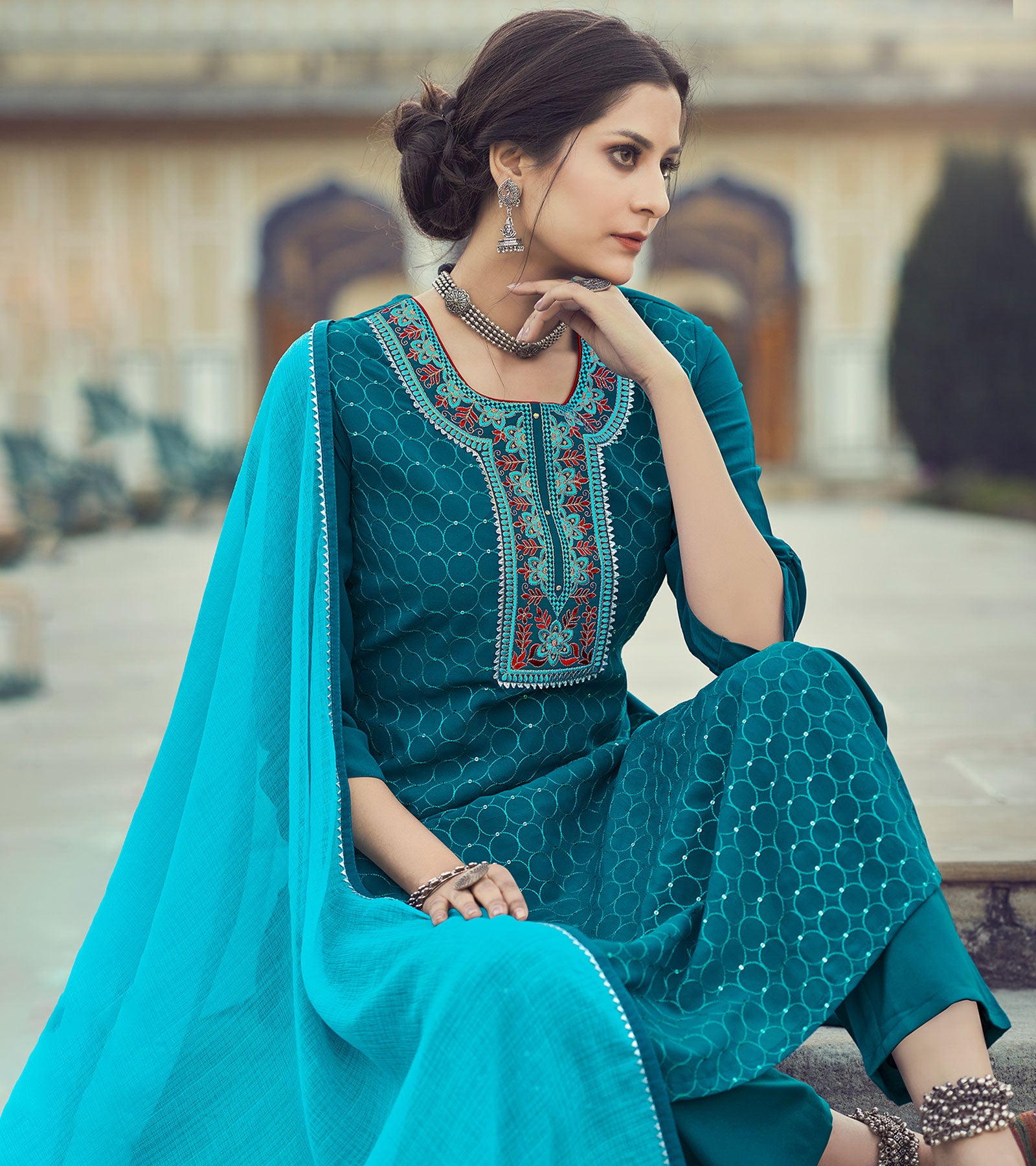 Laxmipati Yale Blue Limzi Georgette Straight Cut Kurti With Dupatta & Pant