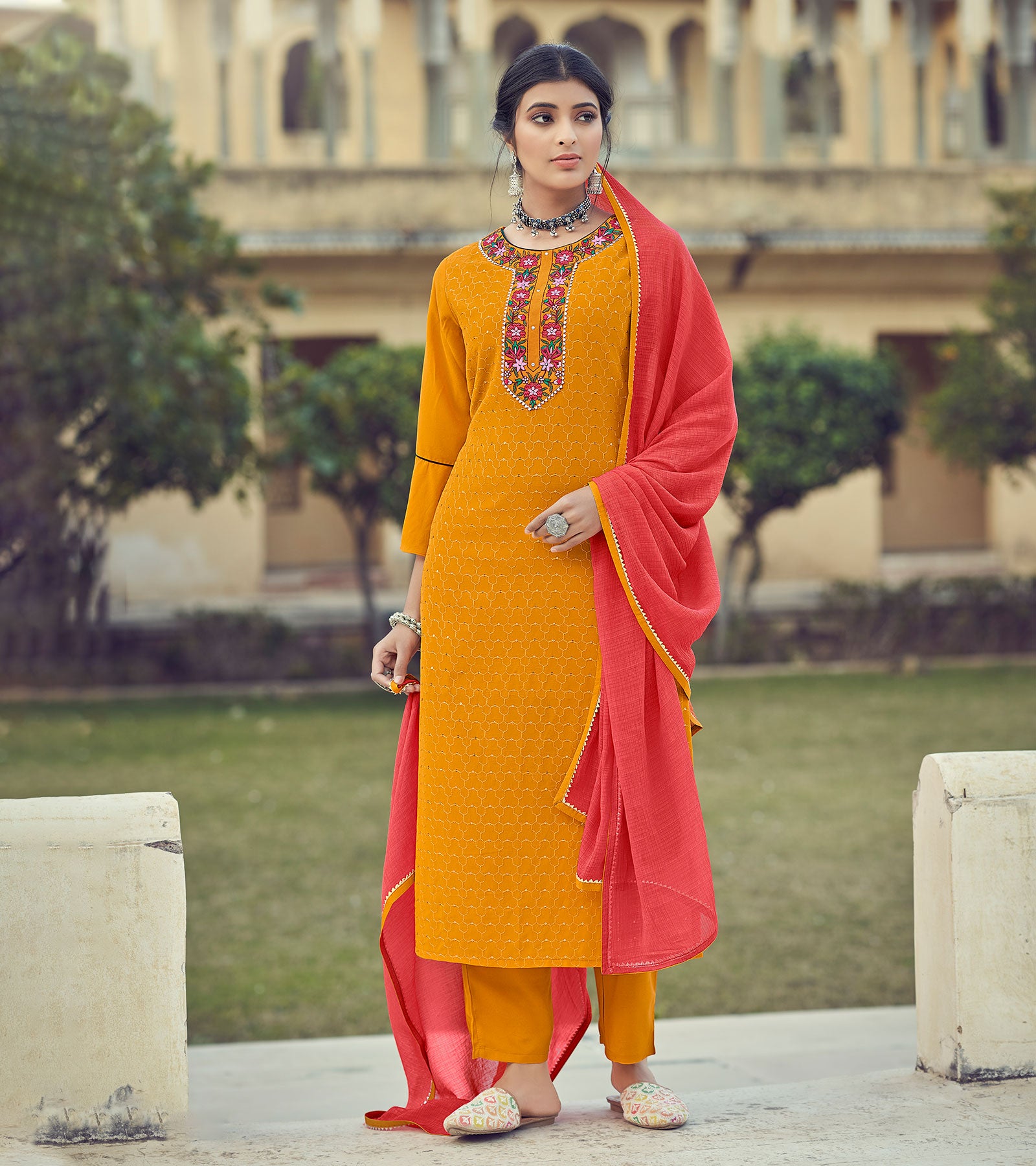 Laxmipati Turmeric Yellow Limzi Georgette Straight Cut Kurti With Dupatta & Pant