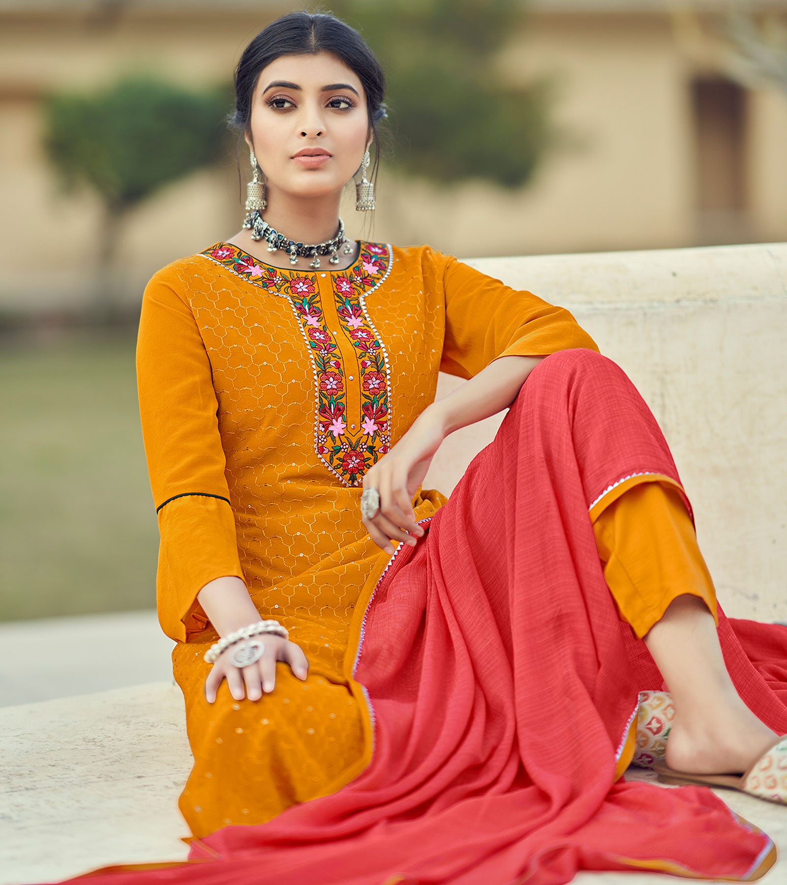 Laxmipati Turmeric Yellow Limzi Georgette Straight Cut Kurti With Dupatta & Pant