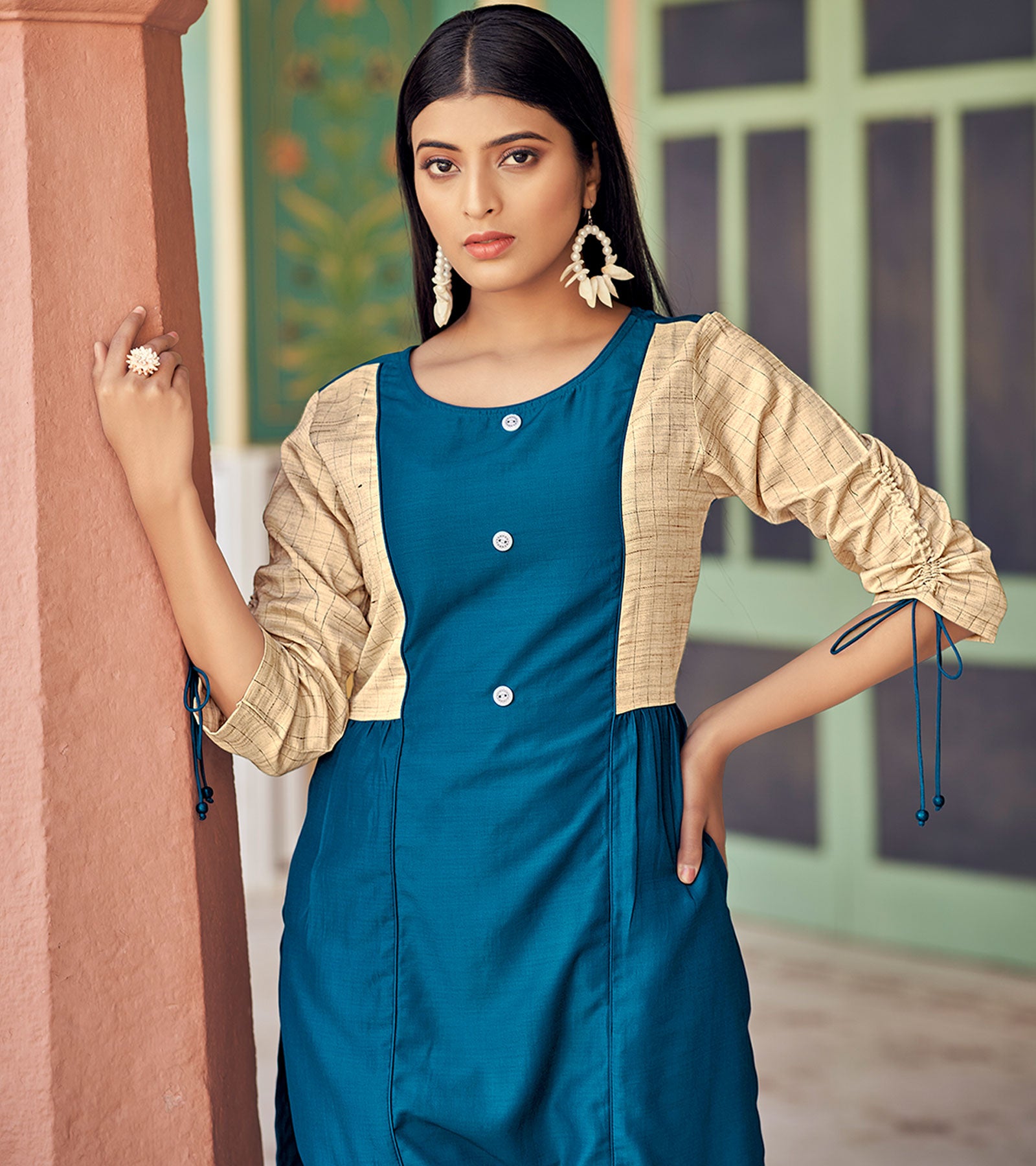 Laxmipati Bsy & Banjara Cobalt Blue Kurti With Two Fabrics By Giving Different Princess Lines , Fancy Yoke , Classy Necklines And Sleeve With Comfy Cuff.