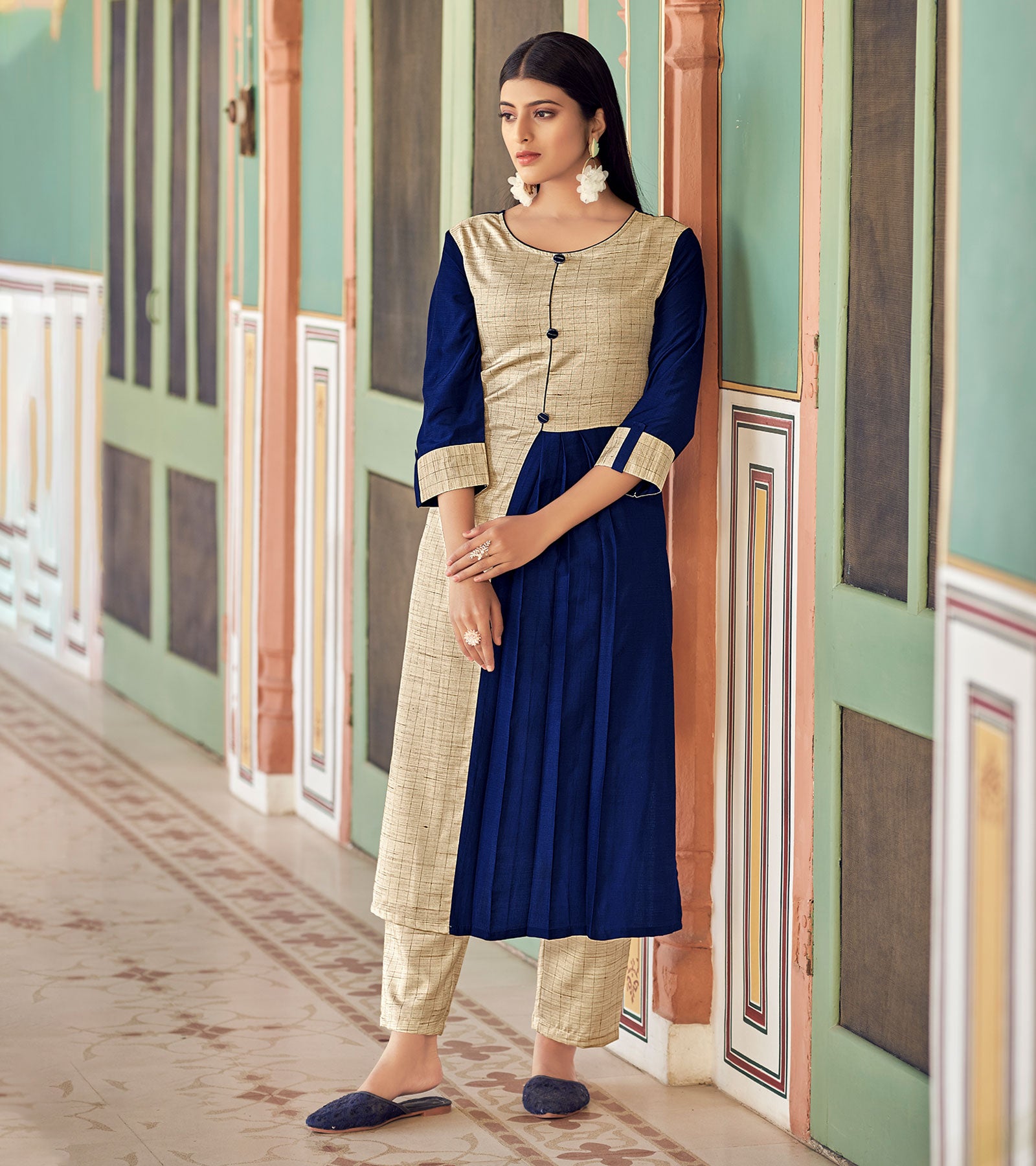 Laxmipati Bsy & Banjara Nevy Blue Kurti With Two Fabrics By Giving Different Princess Lines , Fancy Yoke , Classy Necklines And Sleeve With Comfy Cuff.