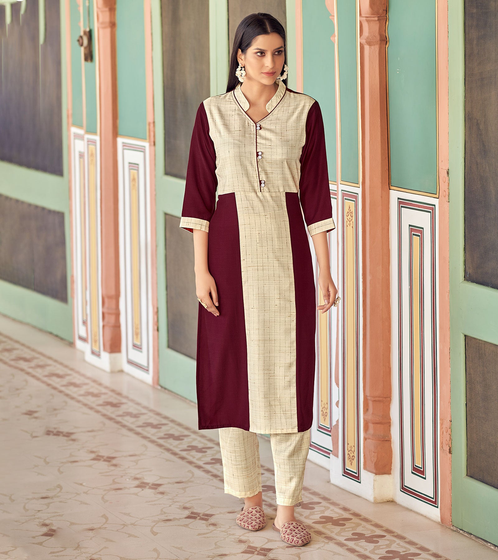 Laxmipati Bsy & Banjara Rosewood Red Kurti With Two Fabrics By Giving Different Princess Lines , Fancy Yoke , Classy Necklines And Sleeve With Comfy Cuff.
