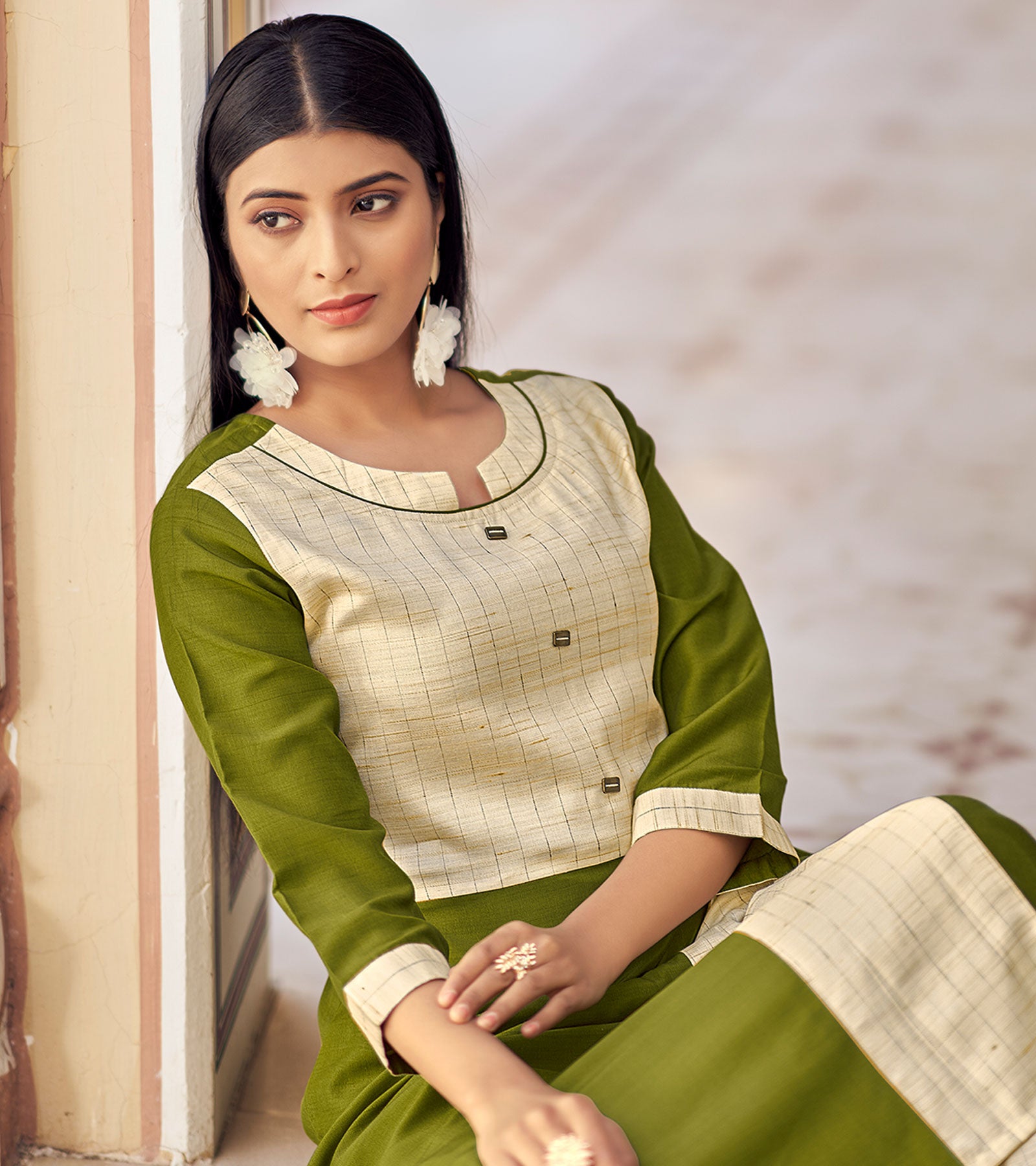 Laxmipati Bsy & Banjara Mose Green Kurti With Two Fabrics By Giving Different Princess Lines , Fancy Yoke , Classy Necklines And Sleeve With Comfy Cuff.