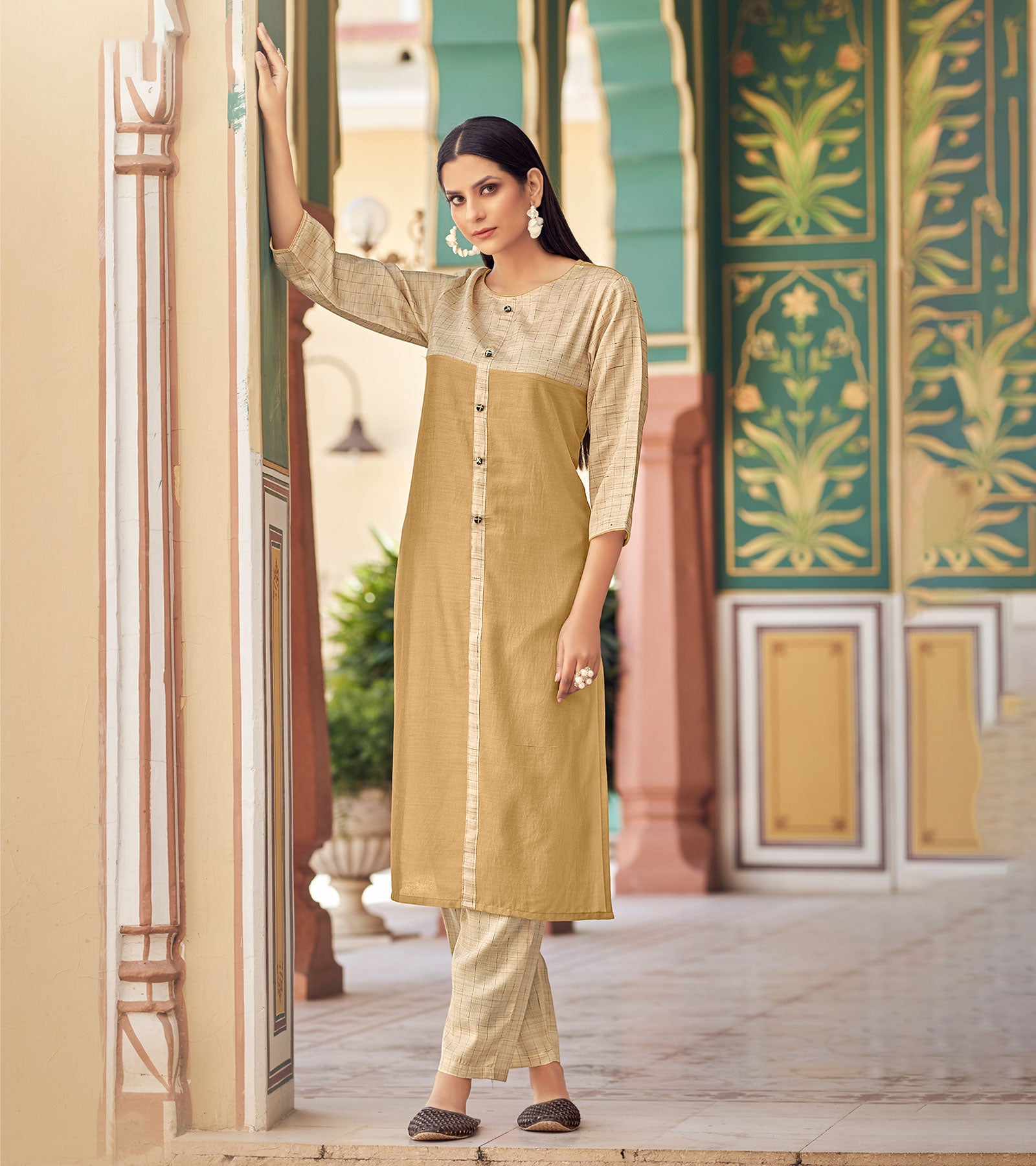 Laxmipati Bsy & Banjara Multani Brown Kurti With Two Fabrics By Giving Different Princess Lines , Fancy Yoke , Classy Necklines And Sleeve With Comfy Cuff.